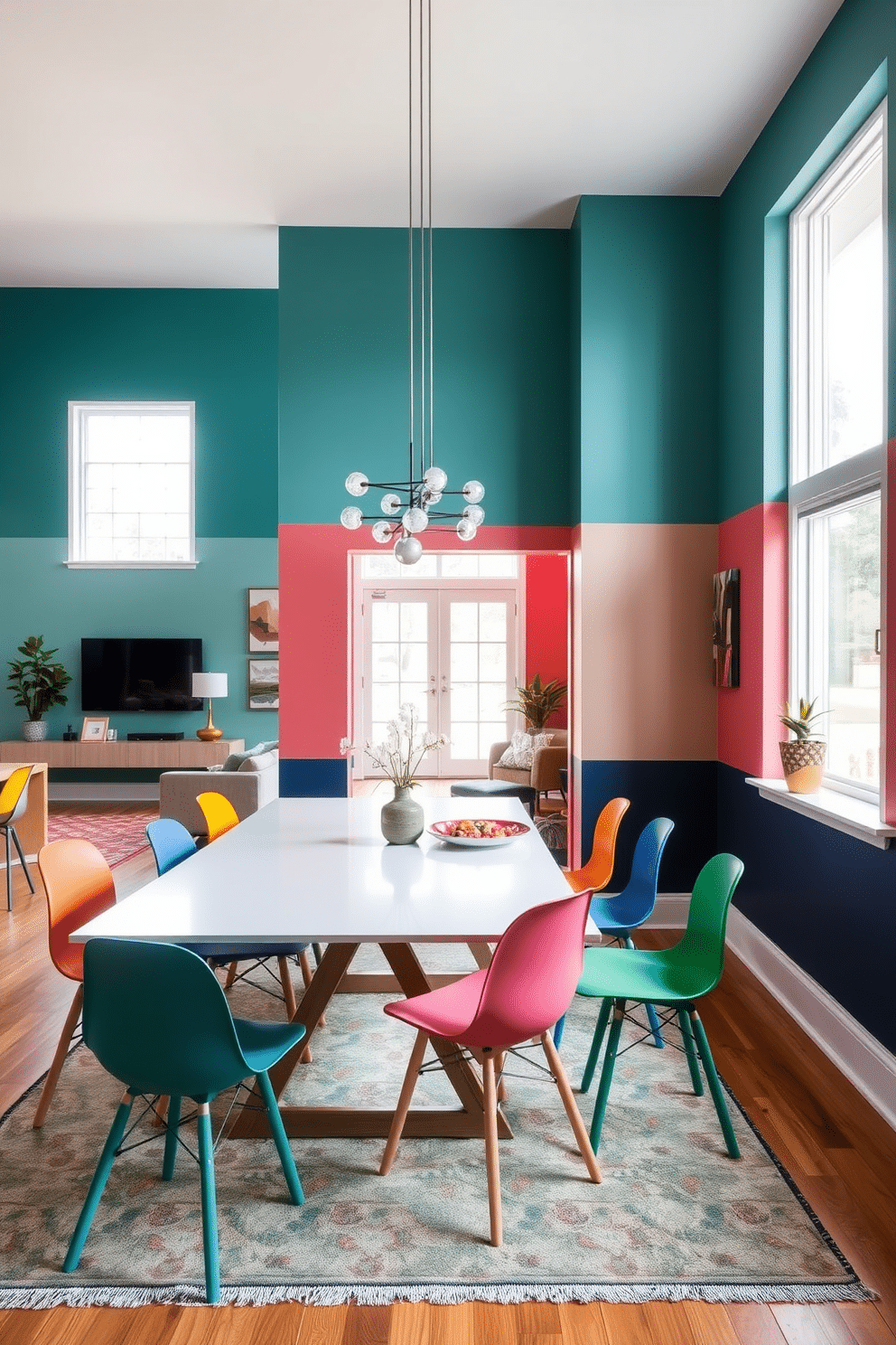 A vibrant dining room featuring color-blocked walls in shades of teal and coral, creating a playful and energetic atmosphere. The space is adorned with a sleek, modern dining table surrounded by mismatched chairs in complementary colors, adding to the fun vibe. An open floor plan seamlessly connects the dining area to the living space, with large windows allowing natural light to flood the room. Decorative elements such as a bold area rug and unique light fixtures enhance the overall design, making it a perfect gathering spot for family and friends.