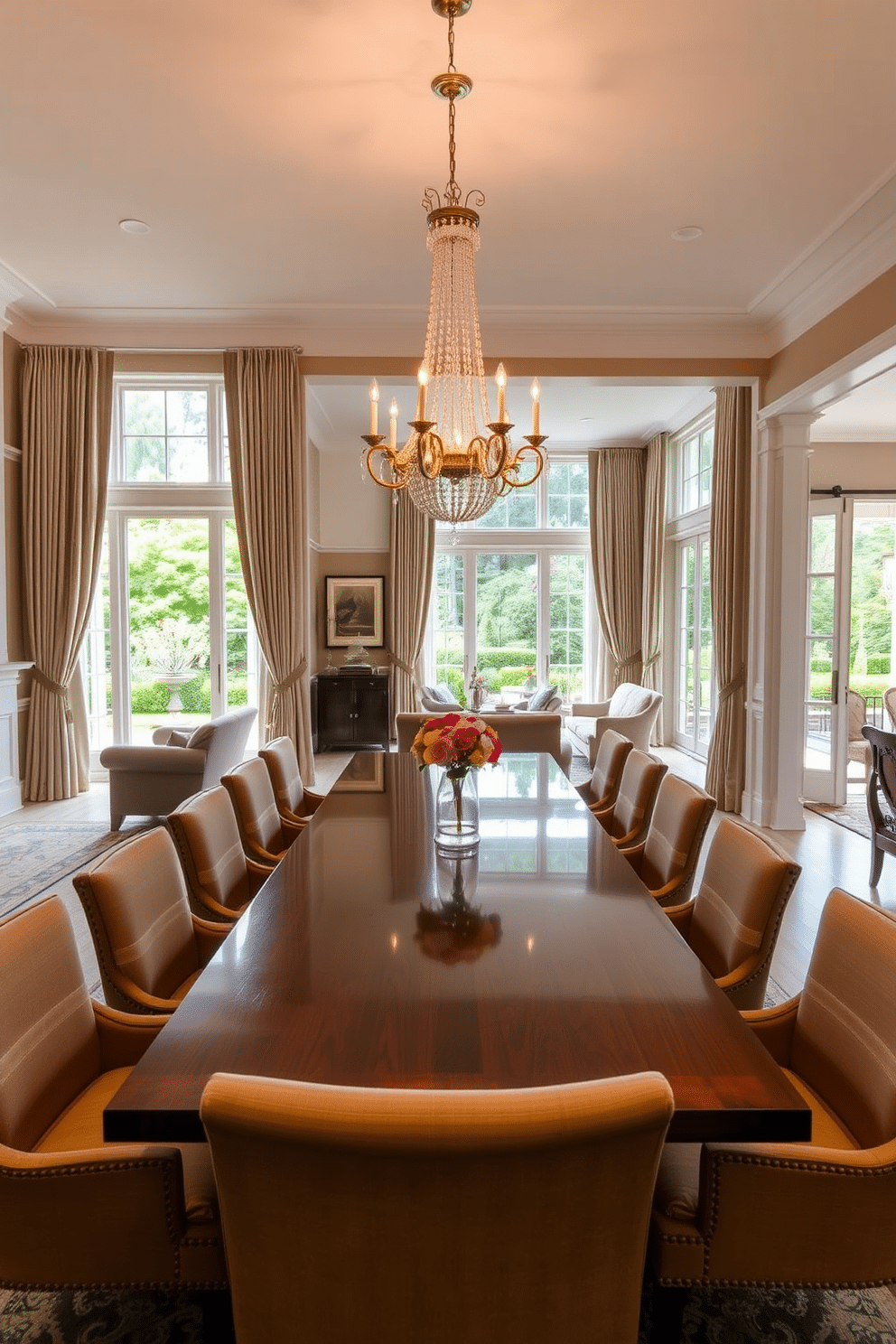 A classic dining room exuding timeless elegance features a long, polished wooden table surrounded by upholstered chairs in rich fabrics. A stunning chandelier hangs overhead, illuminating the space with a warm glow, while large windows draped in soft, flowing curtains offer a view of a lush garden outside. The open floor plan seamlessly connects the dining area to the adjacent living space, creating an inviting atmosphere. Neutral tones are complemented by splashes of color in the artwork and decorative accents, enhancing the overall sophistication of the design.