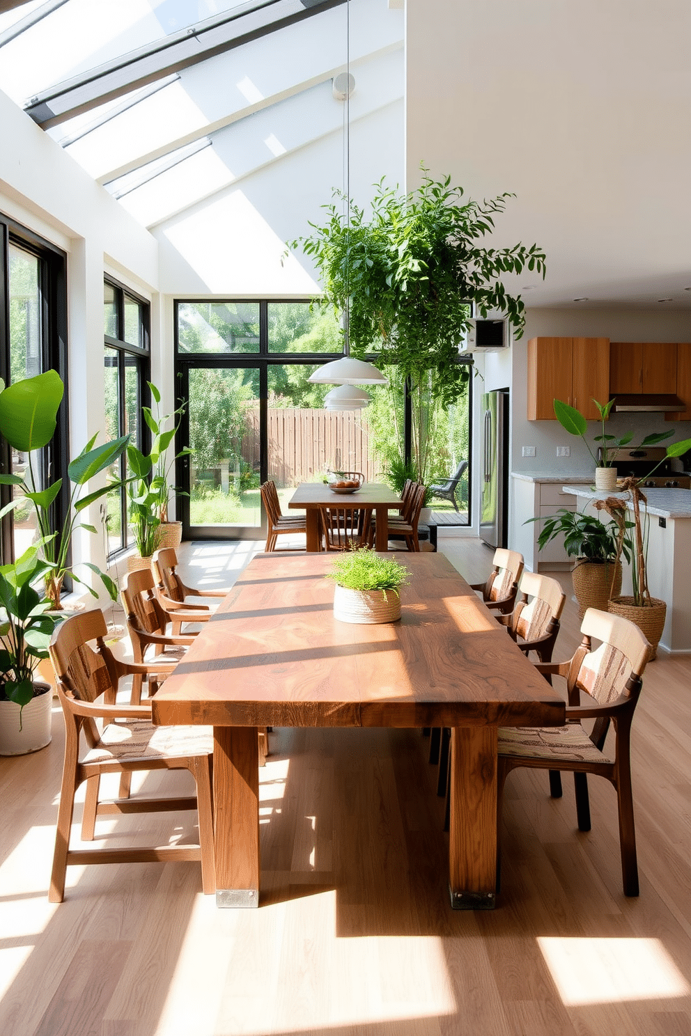 A sustainable dining room features a reclaimed wood table surrounded by chairs made from recycled materials. Natural light floods the space through large windows, highlighting the greenery from potted plants positioned around the room. The open floor plan allows for seamless flow between the dining area and the kitchen, creating an inviting atmosphere for gatherings. Soft, neutral tones on the walls and organic textures in the decor enhance the eco-friendly aesthetic.