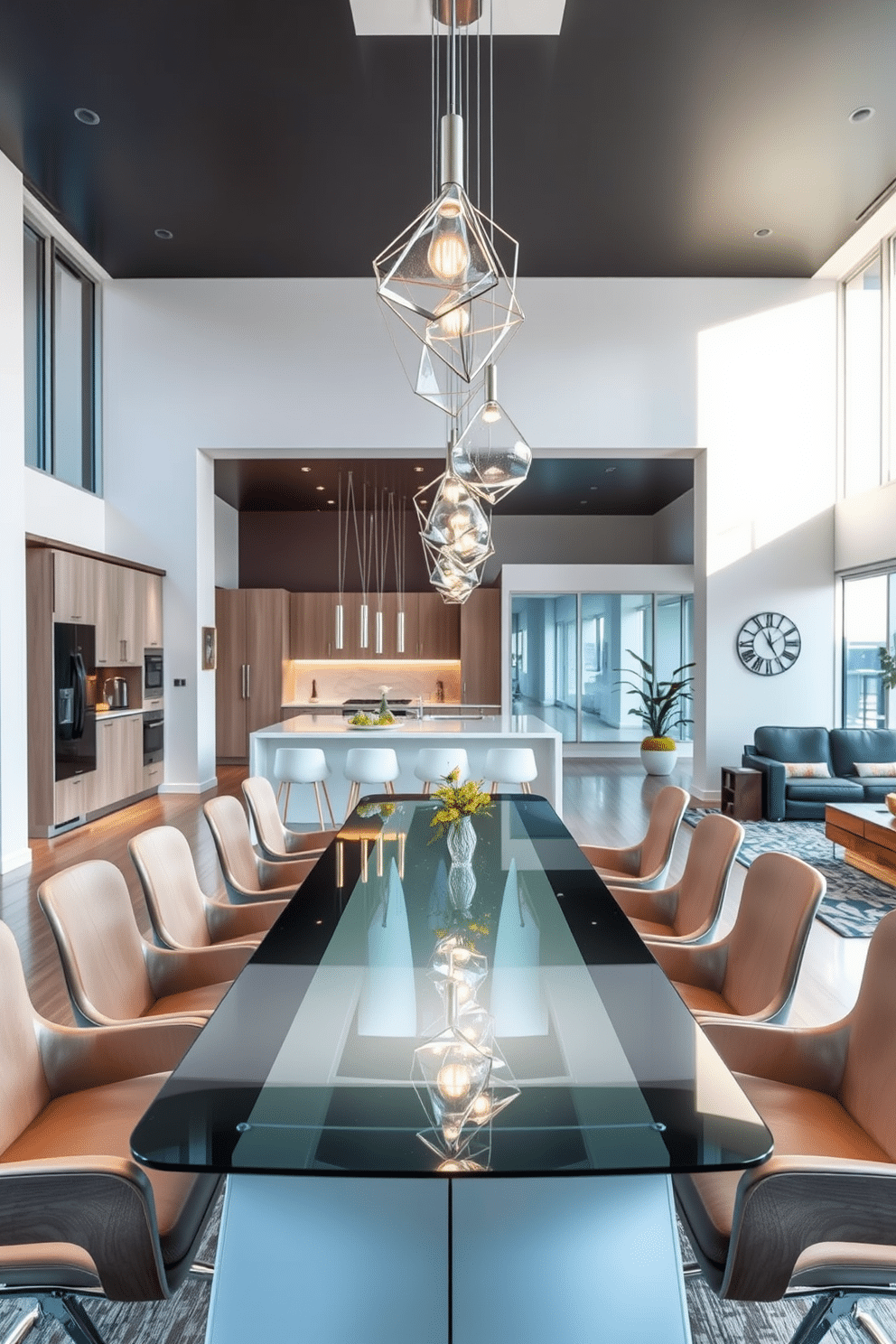 A futuristic dining room features a sleek, elongated table made of glass and metal, surrounded by ergonomic chairs with a minimalist design. Above the table, innovative pendant lighting in geometric shapes casts a soft, ambient glow, enhancing the modern aesthetic. The open floor plan seamlessly connects the dining area to the kitchen and living space, promoting a sense of spaciousness and flow. Large windows allow natural light to flood the room, while a combination of neutral tones and bold accents creates an inviting atmosphere.