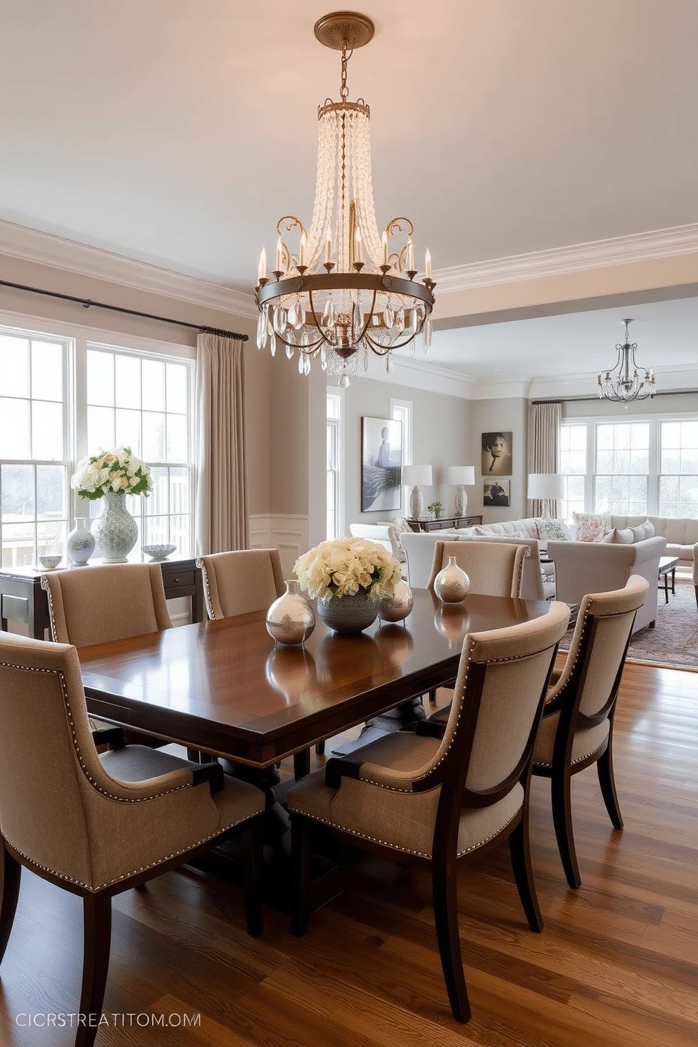 A stunning dining room features an elegant wooden table surrounded by plush upholstered chairs, creating a warm and inviting atmosphere. Overhead, a statement chandelier with crystal accents casts a soft glow, enhancing the room's sophistication. The open floor plan seamlessly connects the dining area to the adjacent living space, allowing for easy flow and interaction. Large windows flood the room with natural light, highlighting the tasteful decor and accent pieces throughout the space.