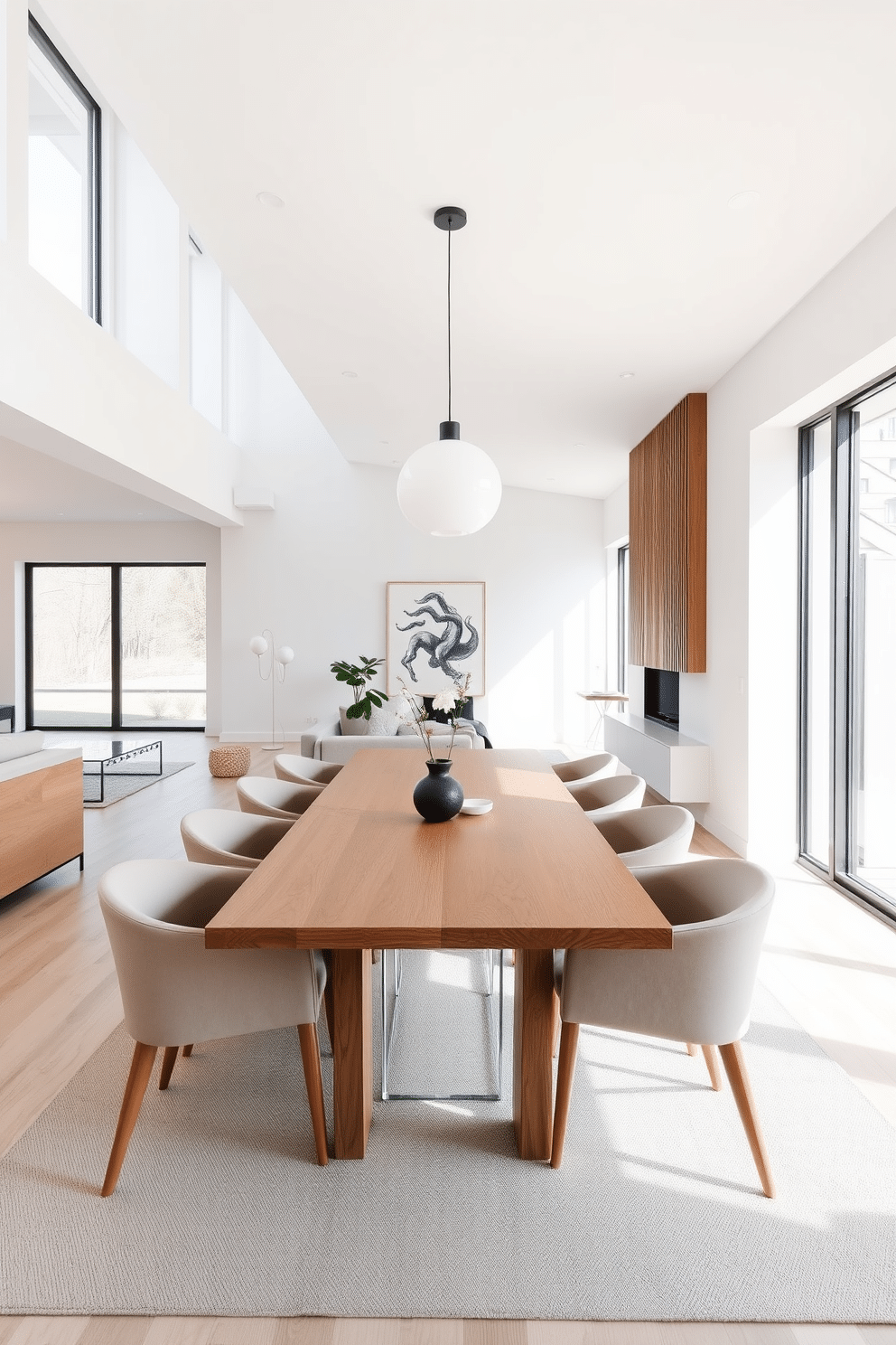 A minimalist dining room features a sleek wooden table with clean lines, surrounded by modern, upholstered chairs in a neutral tone. Large windows allow natural light to flood the space, highlighting the simplicity of the decor and a single statement pendant light hanging above the table. In an open floor plan, the dining area seamlessly connects to the living space, creating an airy and inviting atmosphere. The walls are painted in a soft white, and a subtle area rug defines the dining zone while adding warmth to the overall design.