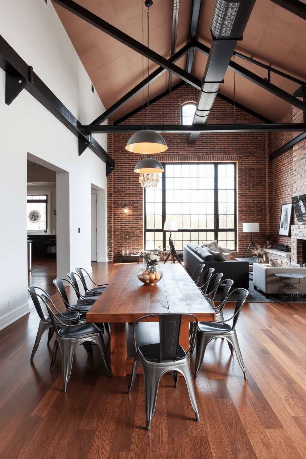 A striking industrial-style dining room features an exposed brick wall and large metal beams overhead. The centerpiece is a reclaimed wood table surrounded by sleek metal chairs, with pendant lights hanging above for a warm ambiance. The open floor plan seamlessly connects the dining area to the living space, enhancing the sense of flow. Large windows allow natural light to flood the room, highlighting the combination of raw materials and modern decor.