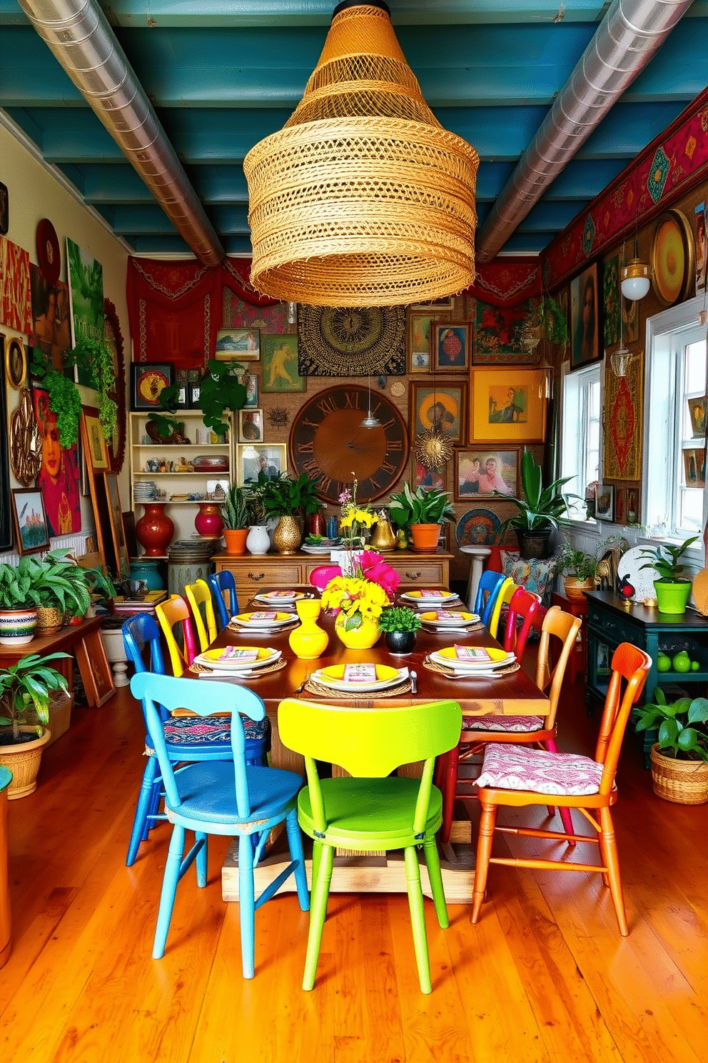 A vibrant bohemian dining room filled with eclectic decor. The space features a large wooden table surrounded by mismatched chairs in bright colors and patterns, with a stunning chandelier made of woven materials hanging overhead. The walls are adorned with an array of artwork and textiles, creating a warm and inviting atmosphere. Potted plants and colorful table settings complete the look, making it a perfect gathering space for friends and family.