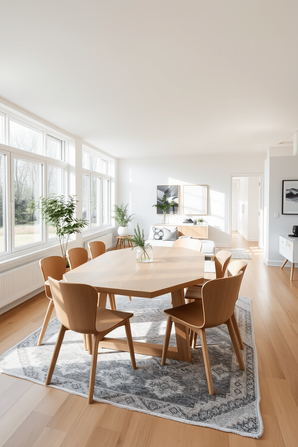 A Scandinavian-inspired dining room features light wood elements, including a sleek wooden dining table surrounded by minimalist chairs. Large windows allow natural light to flood the space, highlighting the soft, neutral color palette of whites and grays. The open floor plan seamlessly connects the dining area to the living space, creating a harmonious flow. Decorative touches include a simple centerpiece of greenery and a cozy area rug that adds warmth to the light wood flooring.