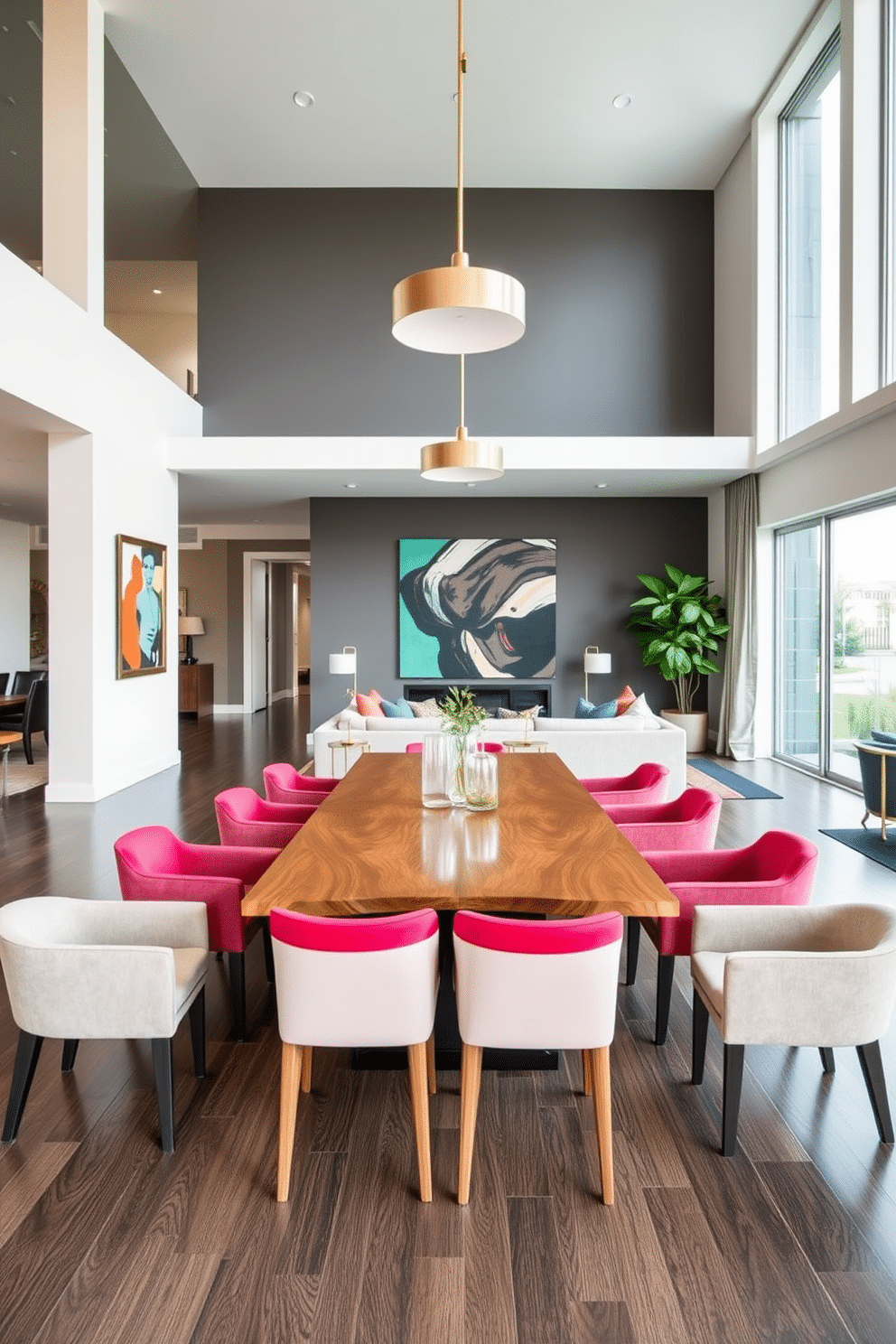 A contemporary dining room features a sleek wooden table surrounded by upholstered chairs in vibrant colors. Bold artwork adorns the walls, creating a striking focal point that enhances the modern aesthetic. The open floor plan allows for seamless flow between the dining area and adjacent living spaces. Large windows invite natural light, highlighting the elegant decor and creating an inviting atmosphere.