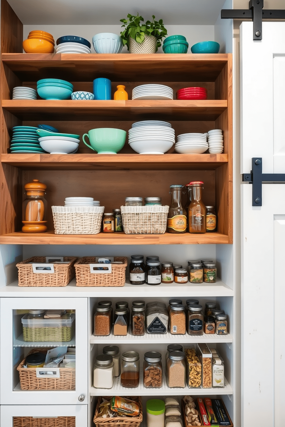 Open shelving for easy access items. The shelves are made of reclaimed wood, displaying an array of colorful dishes and glassware. A small potted herb garden sits on the top shelf, adding a touch of greenery to the kitchen. Below, neatly organized baskets hold pantry staples, creating a functional yet stylish space. Open pantry design ideas. The pantry features a combination of open and closed storage, with glass-front cabinets showcasing neatly arranged jars of dry goods. A sliding barn door adds rustic charm, while integrated lighting highlights the organized shelves, making it easy to find ingredients at a glance.