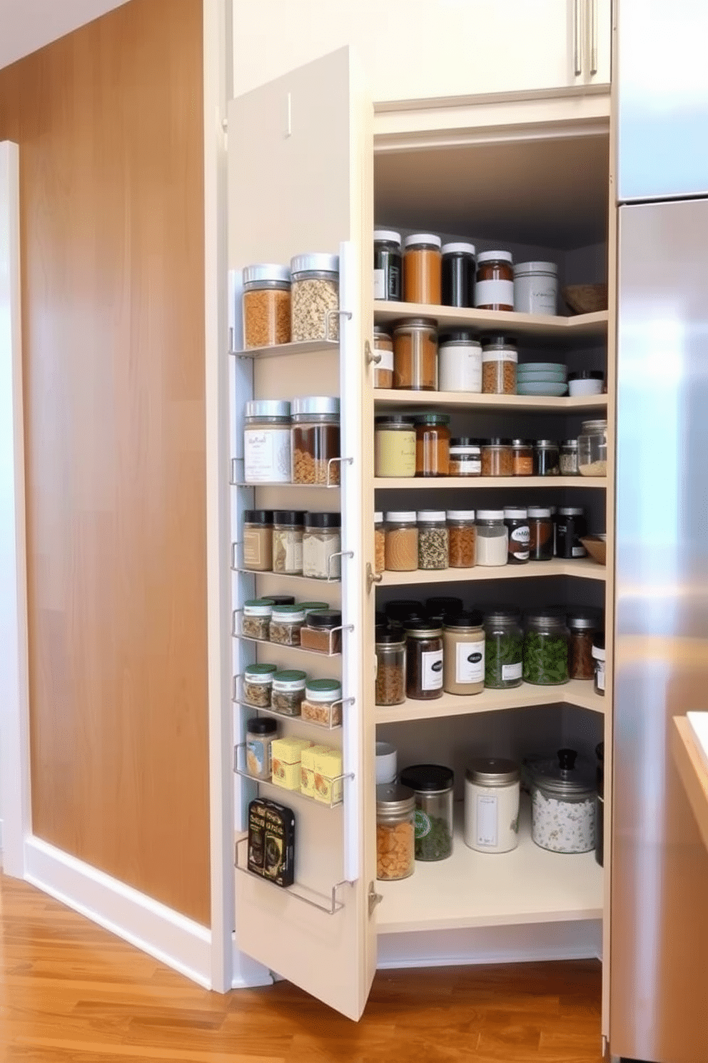 An open pantry design features a stylish spice rack mounted on the inside of the door, maximizing storage space while keeping essentials easily accessible. The shelves are organized with clear jars and labeled containers, showcasing a vibrant array of spices and herbs against a backdrop of warm wood tones.