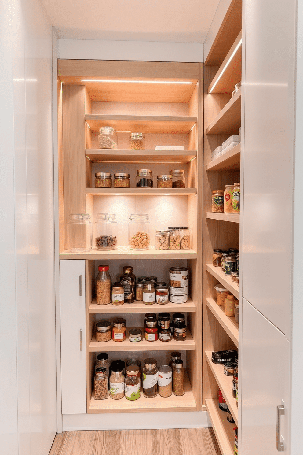 A sleek pull-out pantry designed for narrow spaces, featuring a combination of open shelving and closed cabinets. The shelves are made of light wood, providing a warm contrast to the white cabinetry surrounding them, with decorative glass jars neatly arranged for easy access. The pantry is illuminated by soft LED strip lighting, enhancing visibility while adding a modern touch. A small countertop area at the top allows for quick meal prep, while the lower shelves are stocked with canned goods and spices, maximizing storage efficiency.