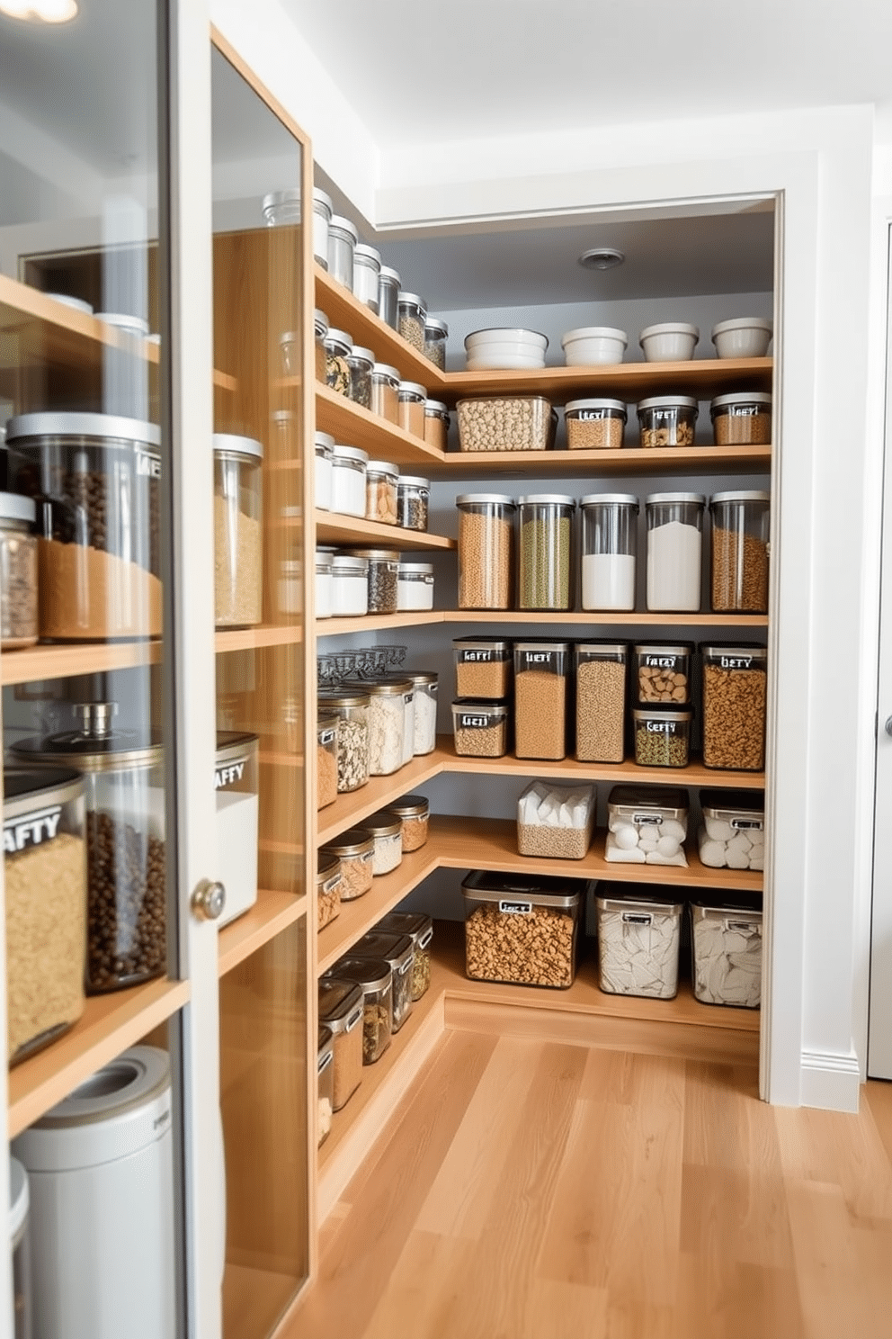 A modern open pantry featuring clear containers for bulk items, arranged neatly on wooden shelves. The walls are painted in a soft white, and the floor is made of light oak, creating a bright and airy atmosphere.