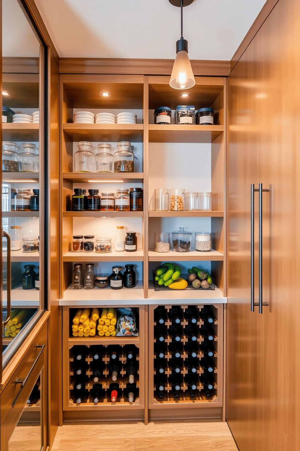 A modern open pantry design featuring a built-in wine rack seamlessly integrated into the cabinetry. The space is illuminated by warm pendant lights, highlighting the natural wood finishes and organized shelves filled with glass containers and fresh produce.