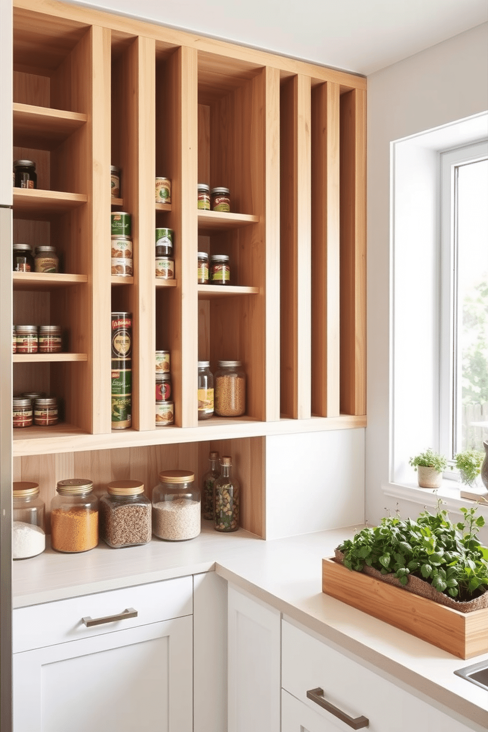 A modern open pantry design featuring vertical dividers to neatly organize canned goods. The shelves are crafted from light wood, creating a warm and inviting atmosphere, while the walls are painted in a soft white to enhance brightness. Incorporate glass jars for dry goods and a small herb garden on the countertop to add a touch of greenery. The overall layout promotes easy access and visibility, making cooking and meal prep a delightful experience.