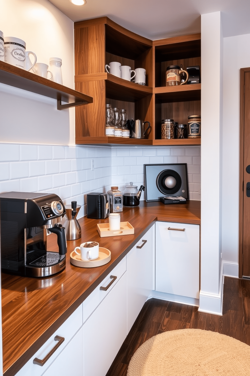 A cozy coffee station nestled within an open pantry features a sleek countertop made of dark wood, complemented by a stylish backsplash of white subway tiles. Above the counter, open shelving displays an array of coffee mugs and artisanal coffee beans, while a compact espresso machine sits on the counter beside a decorative wooden tray filled with sugar and cream. The pantry is illuminated by warm, recessed lighting that highlights the rich textures of the wooden shelves and the polished countertop. A small, round rug in a neutral tone adds a touch of comfort underfoot, creating an inviting atmosphere for morning coffee rituals.