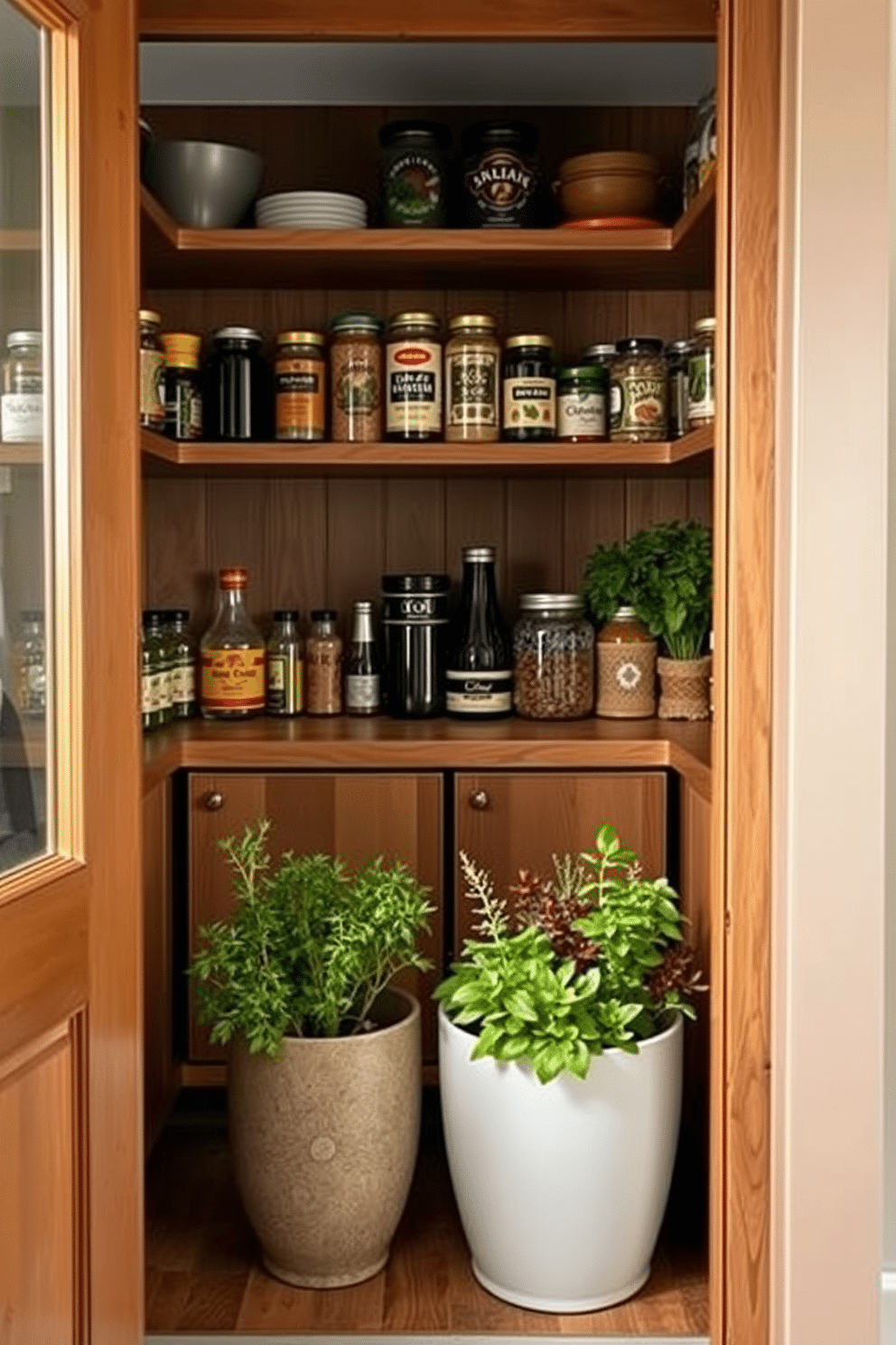 A cozy open pantry design featuring a small herb garden area. The pantry showcases wooden shelves filled with jars of spices and neatly organized ingredients, while a small section is dedicated to vibrant herbs in decorative pots, adding a touch of greenery and freshness to the space.