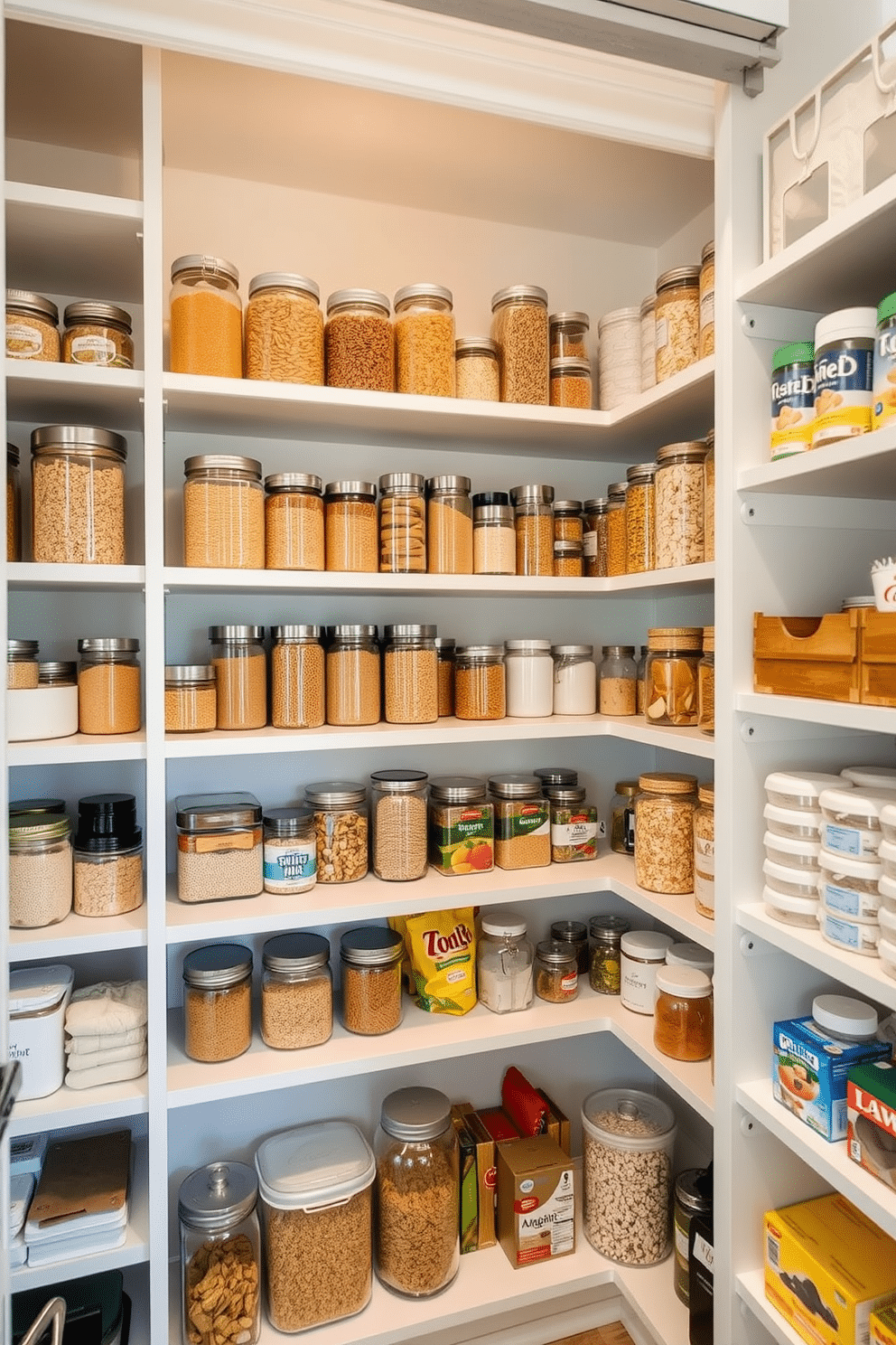 A modern open pantry featuring tiered shelving for enhanced visibility and organization. The shelves are filled with neatly arranged jars and containers, showcasing a variety of grains, spices, and snacks, all set against a backdrop of soft, neutral-colored walls.