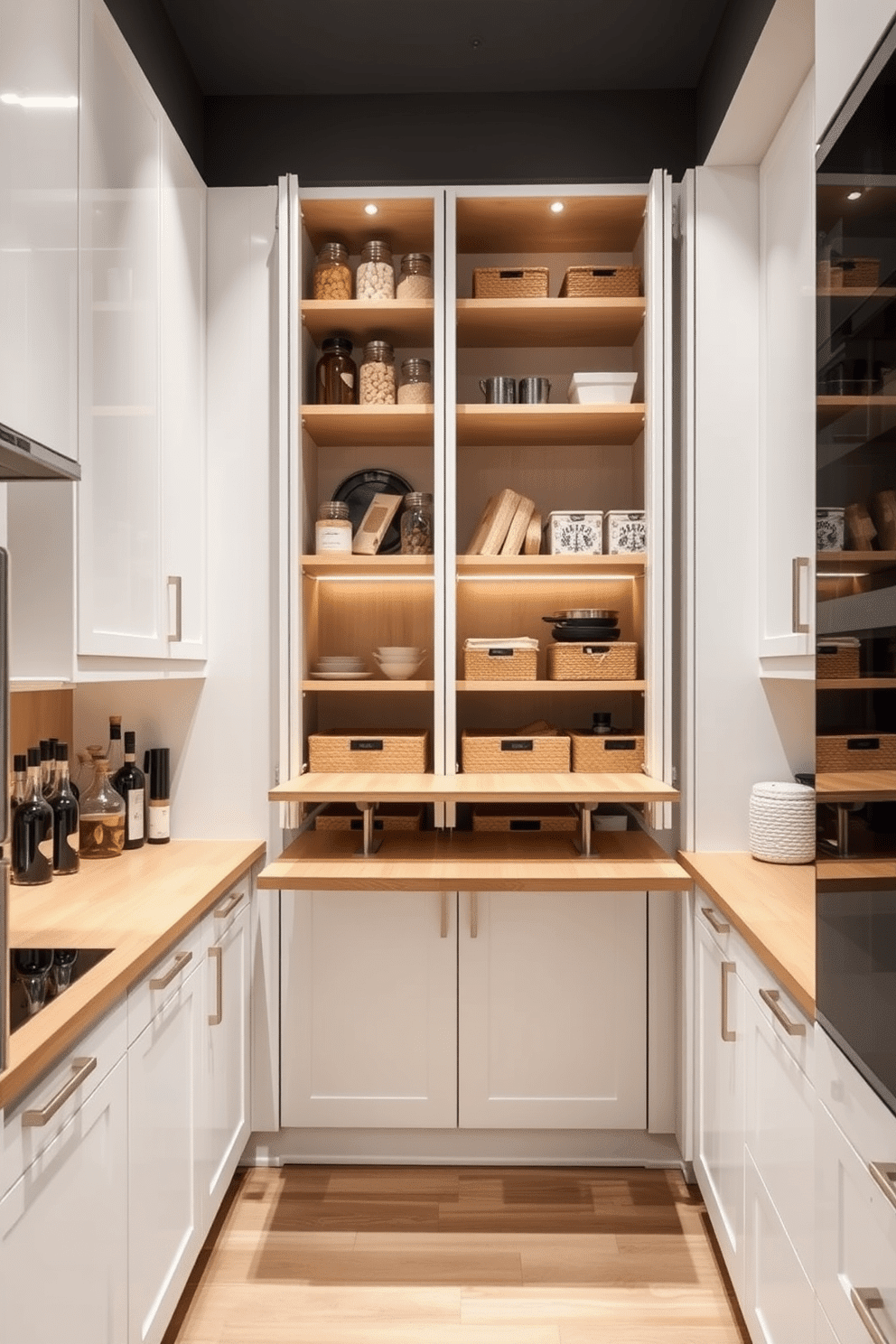 A modern kitchen with an open pantry design featuring a fold-down table that seamlessly integrates into the cabinetry. The table is made of light wood, providing a warm contrast to the sleek white cabinets and open shelving filled with neatly organized jars and kitchen essentials. The pantry area showcases a combination of open and closed storage, with stylish baskets and containers for easy access. Soft LED lighting highlights the space, creating an inviting atmosphere perfect for cooking and entertaining.