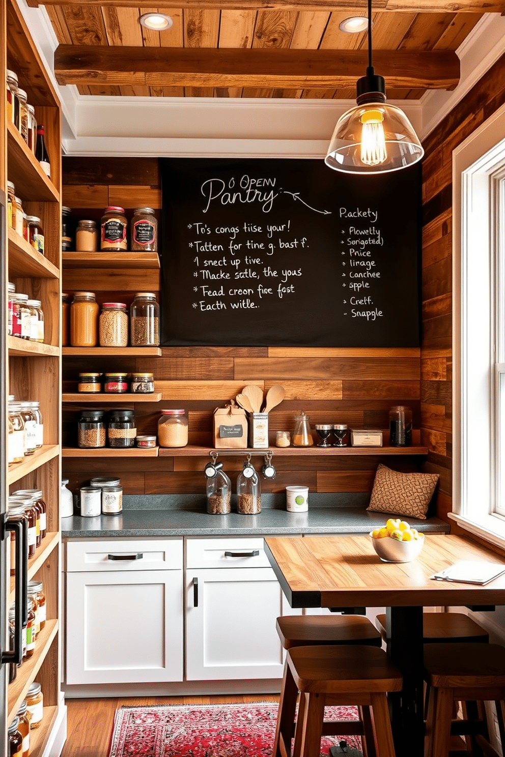 A welcoming open pantry design featuring custom shelving made from reclaimed wood, displaying a variety of jars filled with dry goods and spices. A chalkboard wall serves as a message board for shopping lists, adding a functional and decorative element to the space. The pantry is illuminated by warm, pendant lighting that highlights the natural textures of the wood and the organized displays. A small countertop area provides space for meal prep, complemented by a cozy seating nook with a rustic table and stools for casual dining.