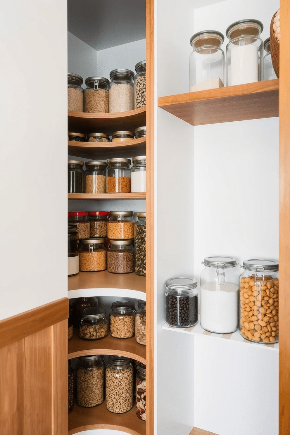 A modern open pantry featuring glass jars neatly arranged on wooden shelves, showcasing a variety of colorful dry goods for organized visibility. The walls are painted in a soft white hue, complemented by warm wood accents, creating a bright and inviting space.