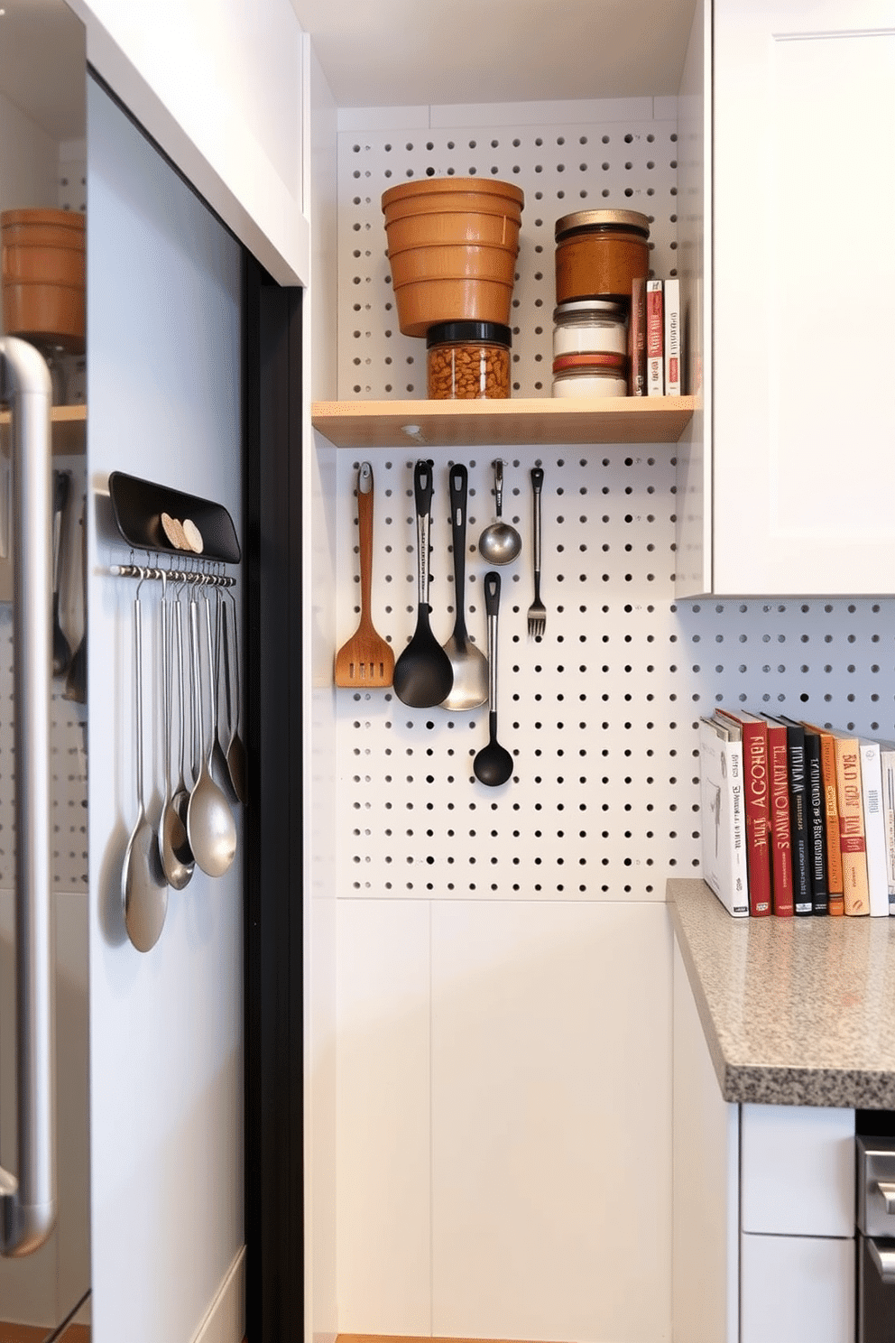 A modern kitchen featuring an open pantry design with pegboards for hanging utensils. The pegboards are painted in a soft white, creating a clean and organized look, while the open shelves display neatly arranged jars and cookbooks.