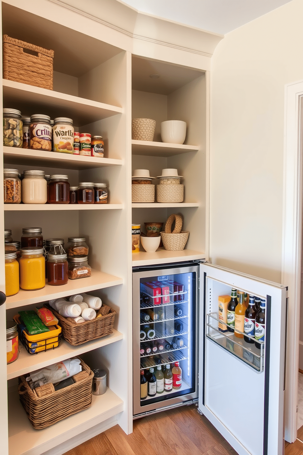 A stylish open pantry design featuring a small fridge for drinks, seamlessly integrated into the cabinetry. The shelves are filled with neatly organized jars and baskets, showcasing a variety of snacks and beverages, while the walls are painted in a soft, neutral tone to enhance the inviting atmosphere.