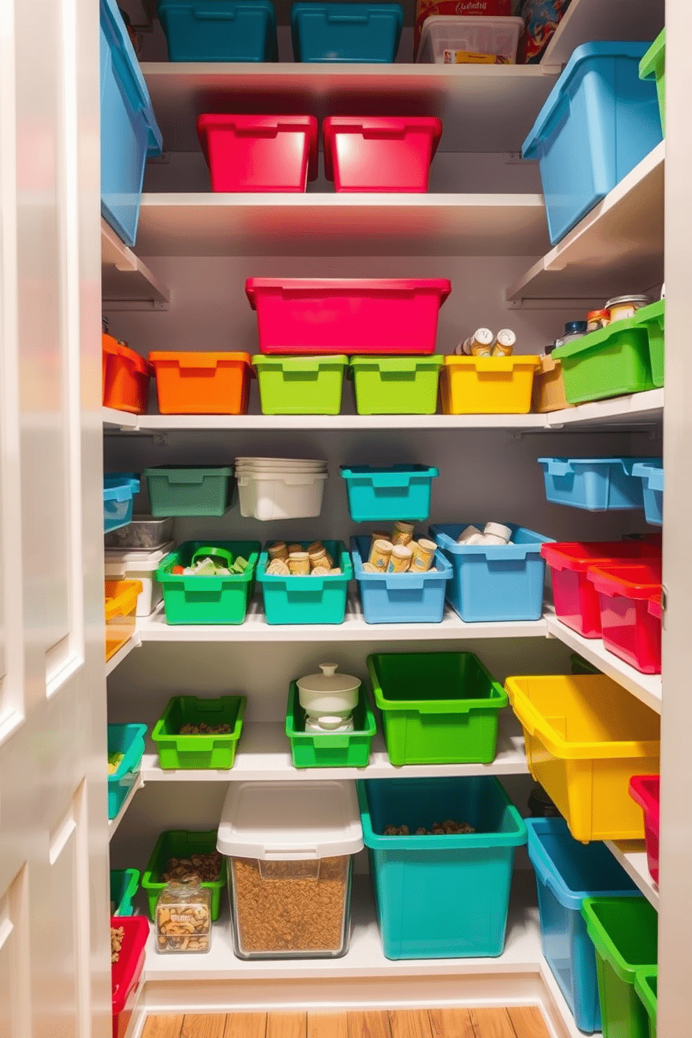 A vibrant open pantry design filled with colorful bins adds a playful touch to the kitchen space. The shelves are neatly organized with a variety of bins in bright hues, creating an inviting and cheerful atmosphere.