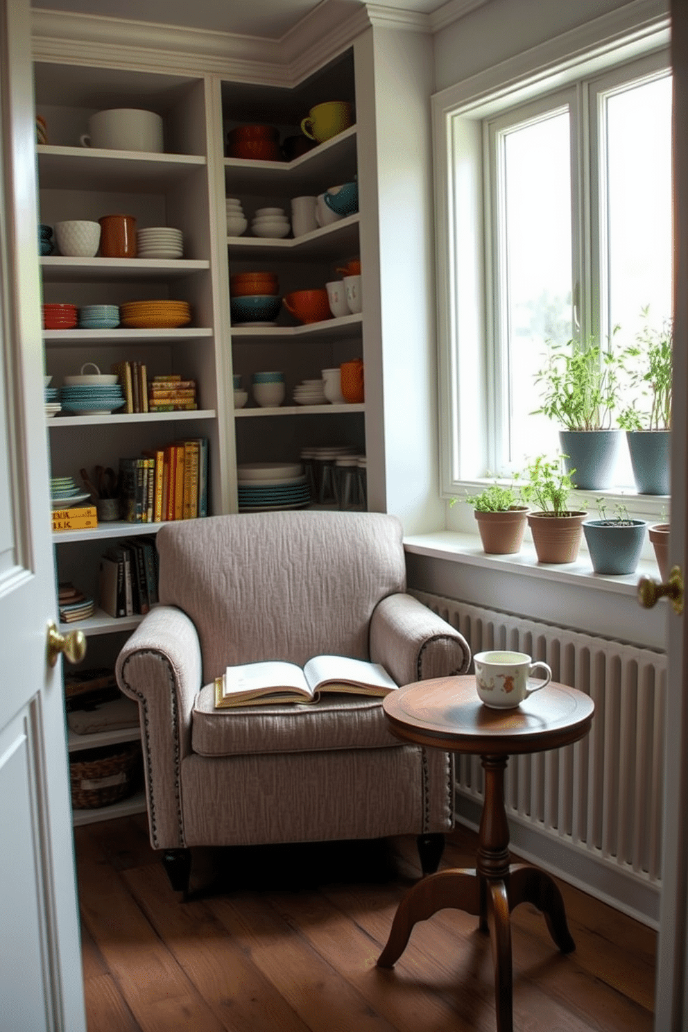 A cozy reading nook nestled in a bright, open pantry invites relaxation and inspiration. The nook features a plush armchair upholstered in soft, textured fabric, positioned beside a small, round wooden table adorned with a stack of books and a steaming cup of tea. Surrounding the nook, open shelves display an array of colorful kitchenware and neatly organized pantry items, enhancing the inviting atmosphere. Natural light floods the space through a large window, while potted herbs on the windowsill add a touch of greenery and freshness.