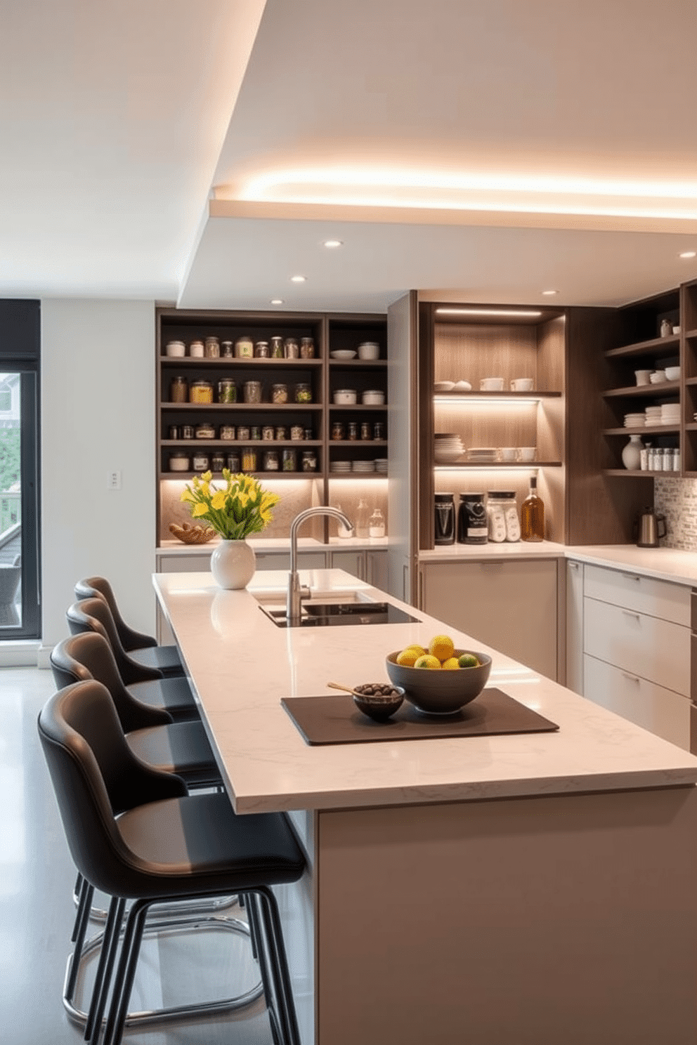 A modern kitchen featuring a spacious countertop designed for meal prep. The countertop is made of durable quartz, complemented by stylish bar stools on one side for casual dining. The open pantry is designed with sleek shelving, displaying neatly organized jars and containers. Soft LED lighting highlights the pantry's contents, creating an inviting atmosphere for cooking and entertaining.