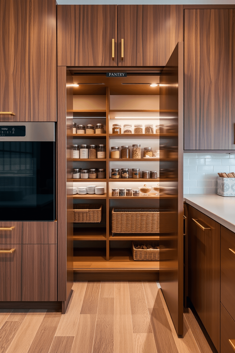 A hidden pantry is seamlessly integrated behind elegant cabinet doors, maintaining the kitchen's sleek aesthetic. The cabinetry features a rich wood finish, with brass hardware that adds a touch of sophistication. Inside the pantry, shelves are organized with labeled jars and baskets, creating a functional yet stylish storage solution. Soft LED lighting illuminates the space, making it easy to find ingredients while enhancing the overall ambiance.