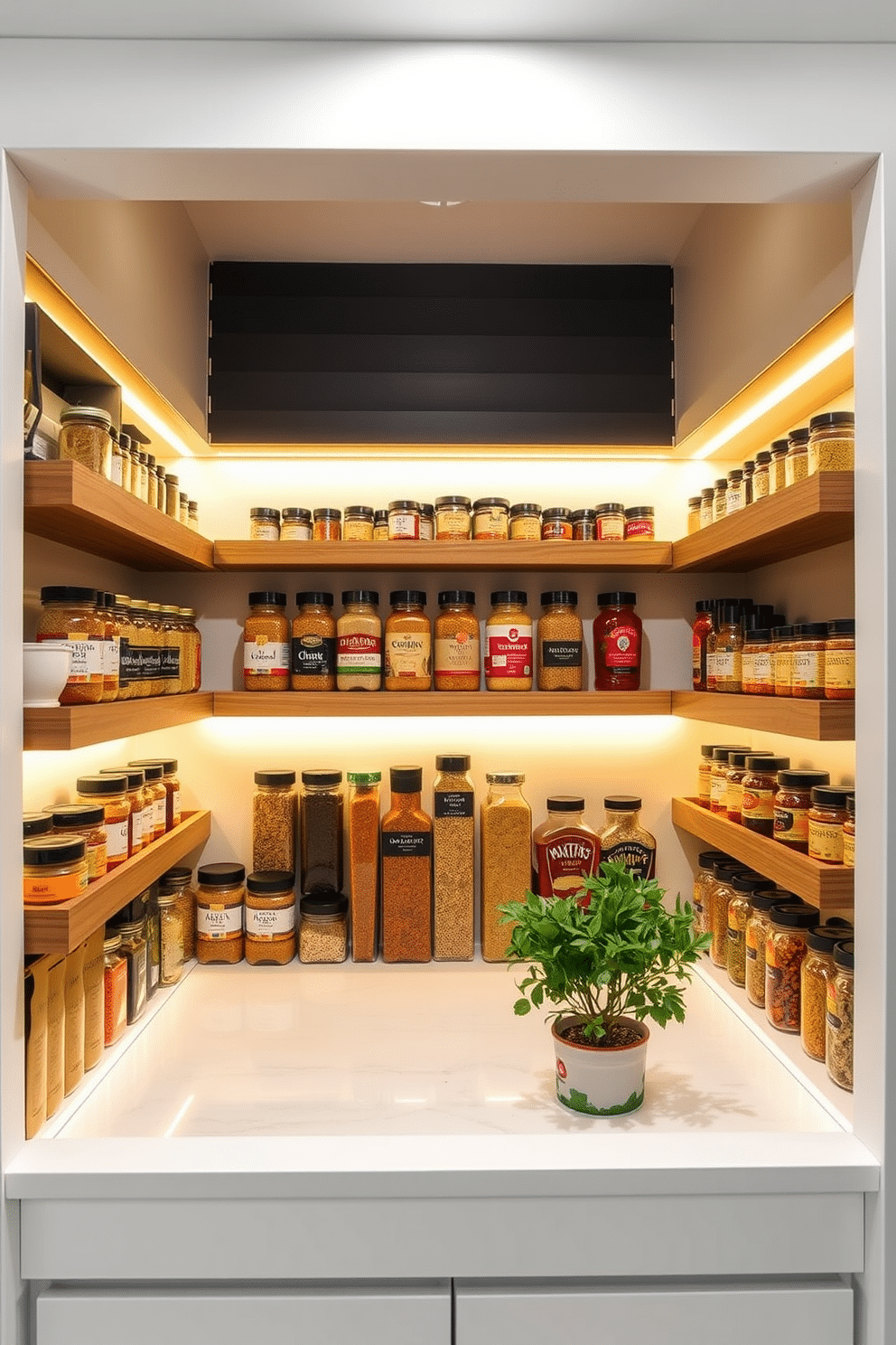 A modern open pantry featuring magnetic strips for spice jars, creating a sleek and organized look. The walls are painted in a soft white, while wooden shelves display an array of colorful jars, enhancing the aesthetic appeal. The pantry is illuminated with warm LED lighting, highlighting the vibrant spices and adding a cozy atmosphere. A small herb garden sits on the countertop, bringing a touch of greenery and freshness to the space.