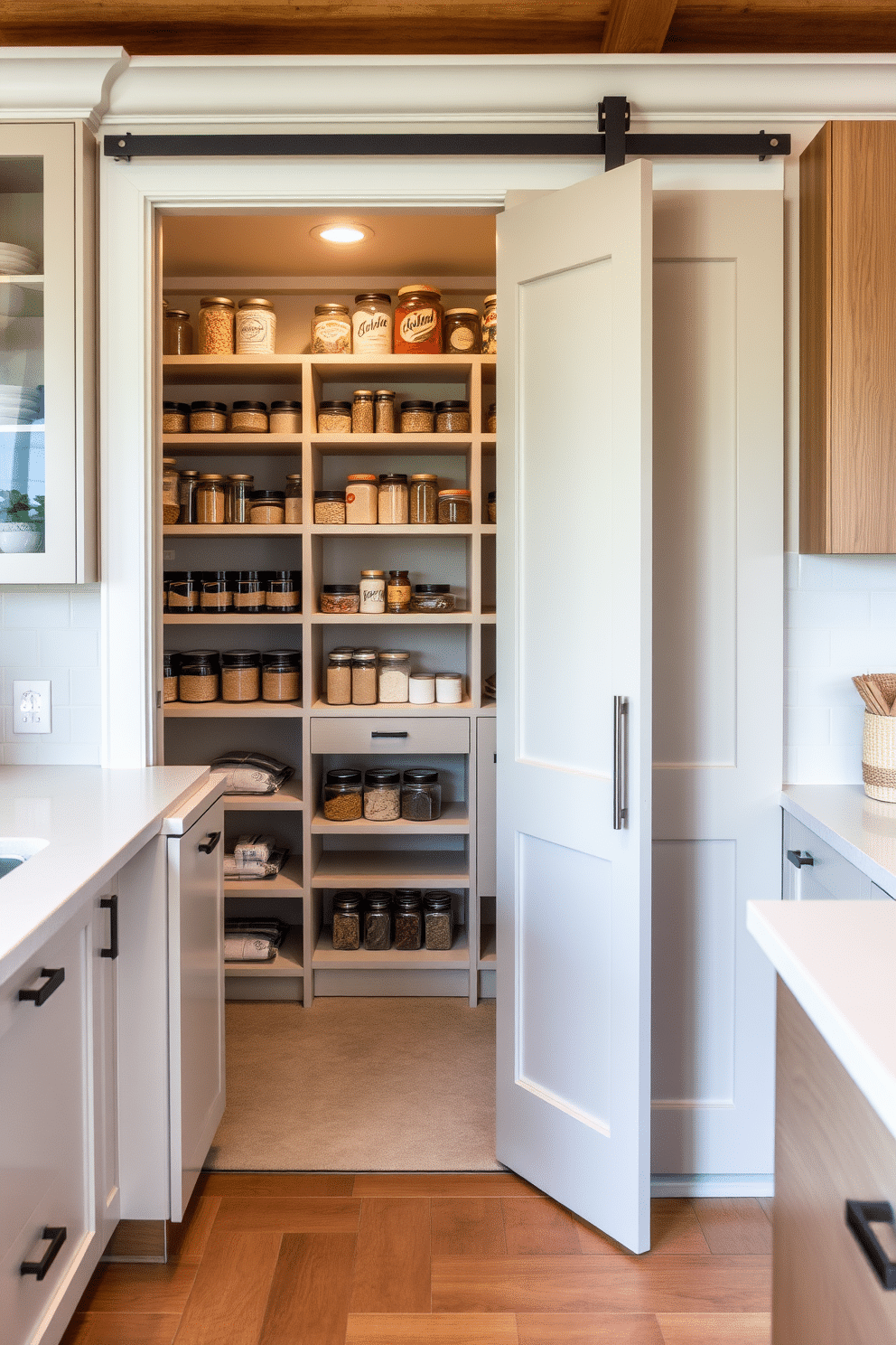 A contemporary open pantry design featuring sliding doors that seamlessly blend with the kitchen cabinetry. The pantry is organized with open shelving, showcasing an array of jars and containers, while the sliding doors provide easy access and save space in the kitchen layout.