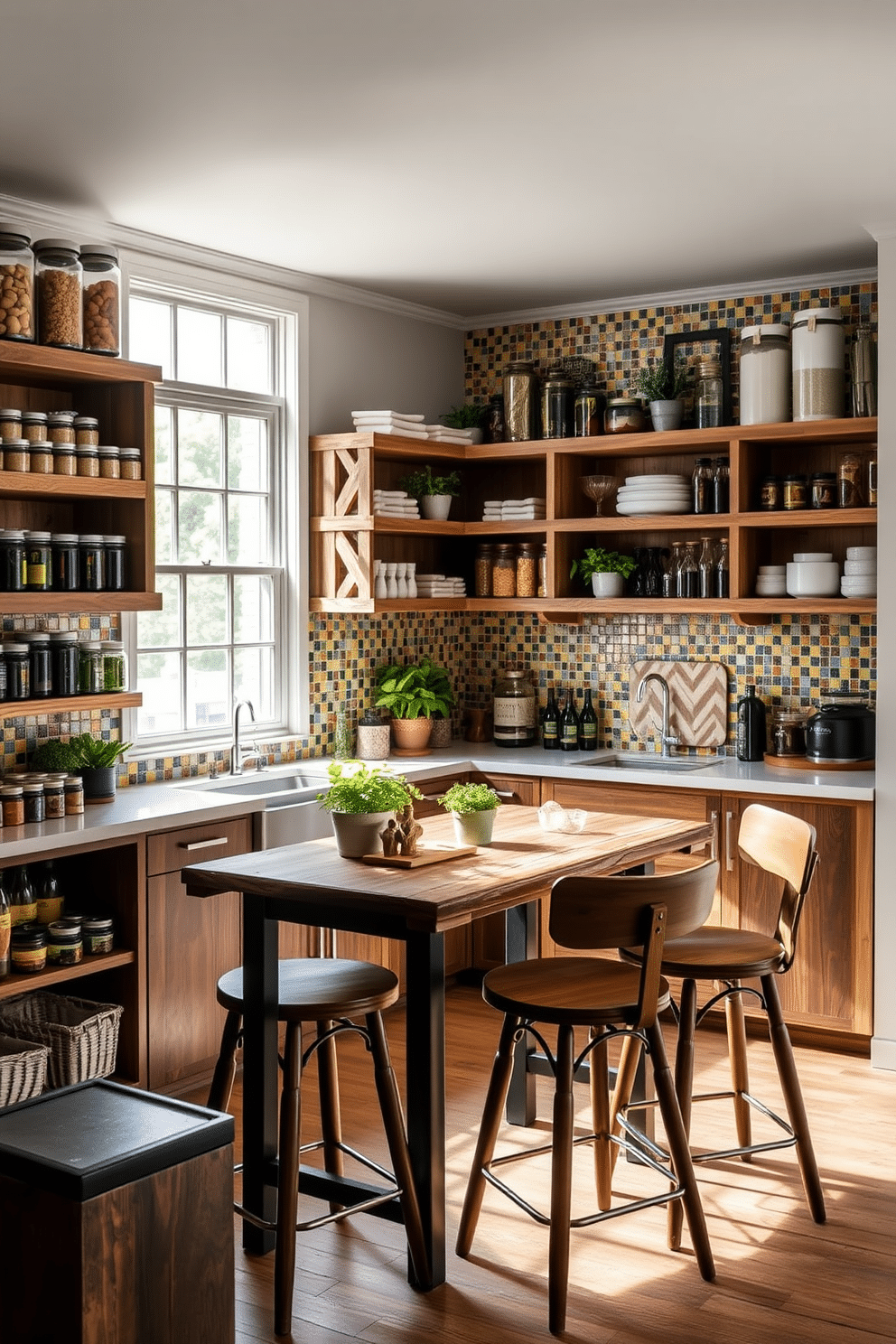 A stylish open pantry featuring custom shelving made of reclaimed wood, showcasing neatly organized jars and containers. The walls are adorned with a decorative backsplash in a vibrant mosaic pattern, adding a pop of color and texture to the space. Natural light floods the area through a large window, illuminating the fresh herbs and small potted plants placed on the countertop. A rustic wooden table in the center serves as a workspace, complemented by a few high-backed stools for casual seating.