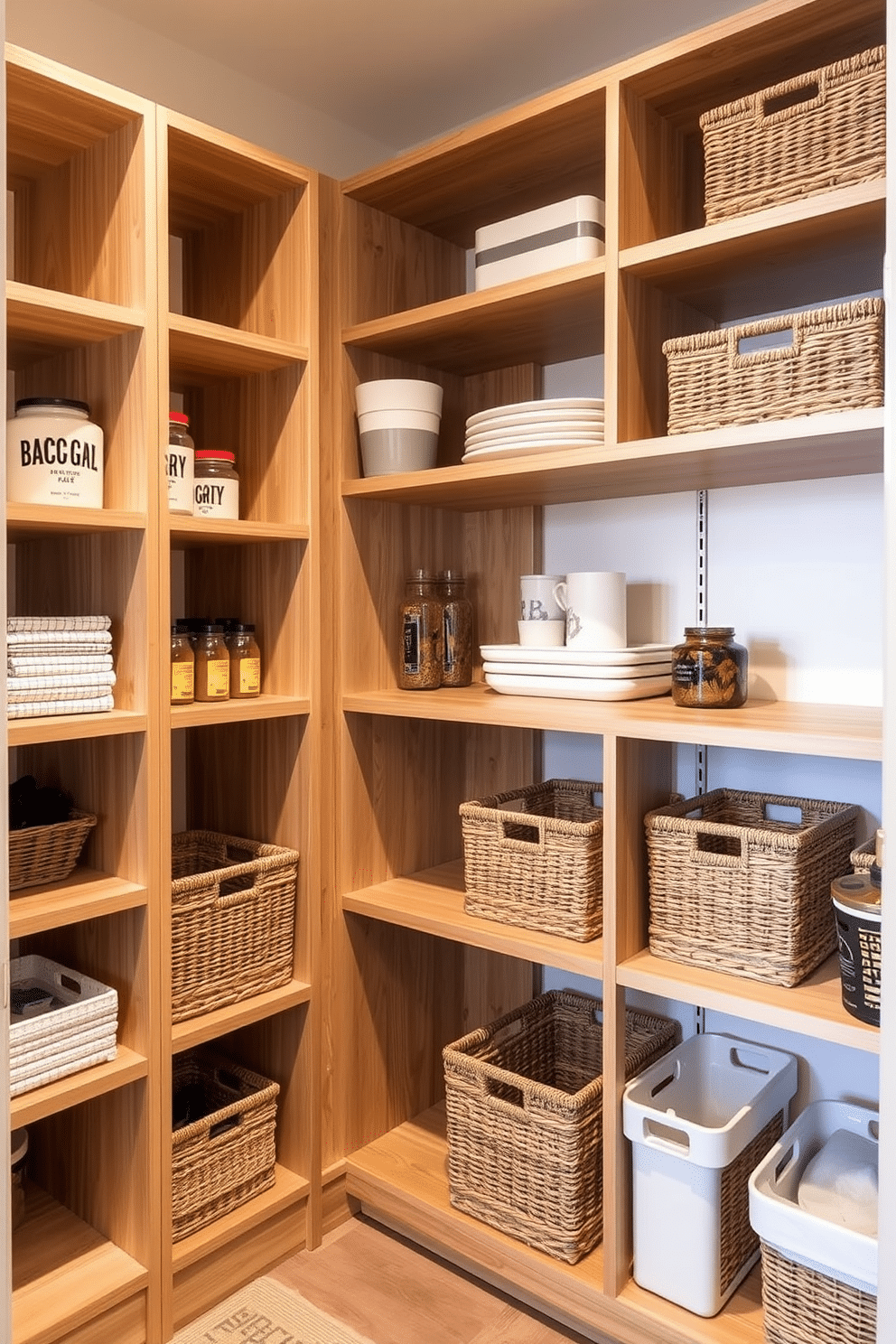 A modern open pantry design featuring modular shelving that allows for easy reconfiguration and organization. The shelves are made of natural wood, showcasing a mix of open and closed storage options, complemented by stylish baskets for a cohesive look.