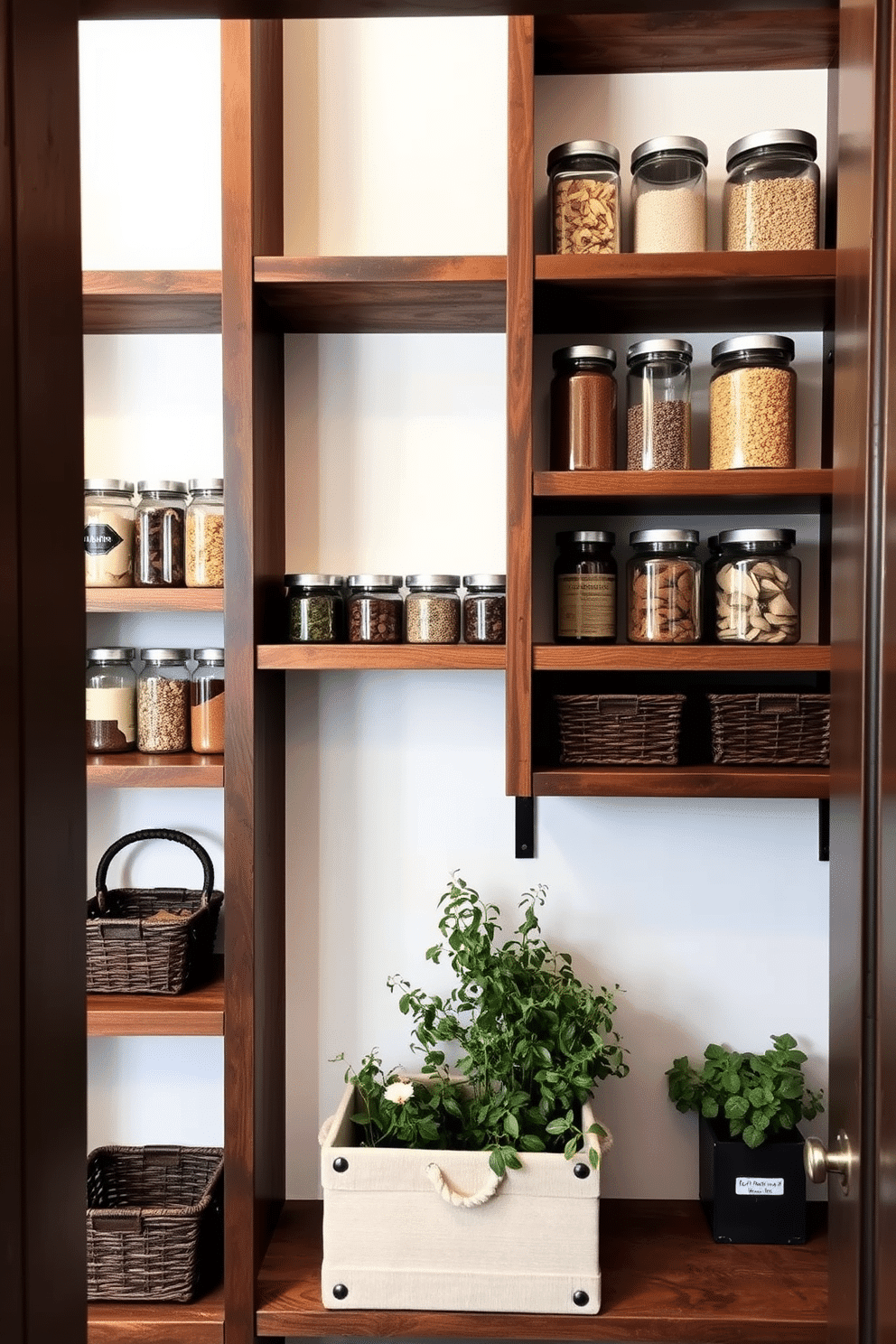 A modern open pantry design features a mix of shelf heights to create visual interest and functionality. The shelves are made of reclaimed wood, showcasing a rustic charm, while the walls are painted in a soft white to enhance the brightness of the space. Glass jars filled with colorful spices and grains are neatly arranged on the shelves, complemented by decorative baskets for storage. A small herb garden sits on a lower shelf, adding a touch of greenery and freshness to the design.