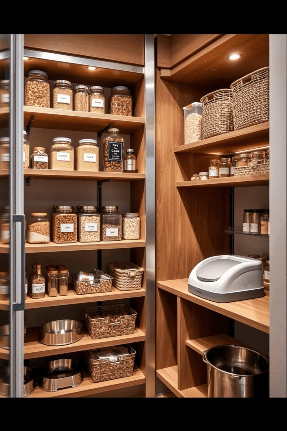 A stylish open pantry featuring a combination of wooden shelves and sleek metal accents. The shelves are neatly organized with labeled jars and baskets, showcasing a variety of grains, snacks, and cooking essentials. In one corner, a dedicated pet food station is integrated, complete with elevated bowls and a storage container for pet food. The space is illuminated by warm, ambient lighting, creating an inviting atmosphere for both cooking and entertaining.