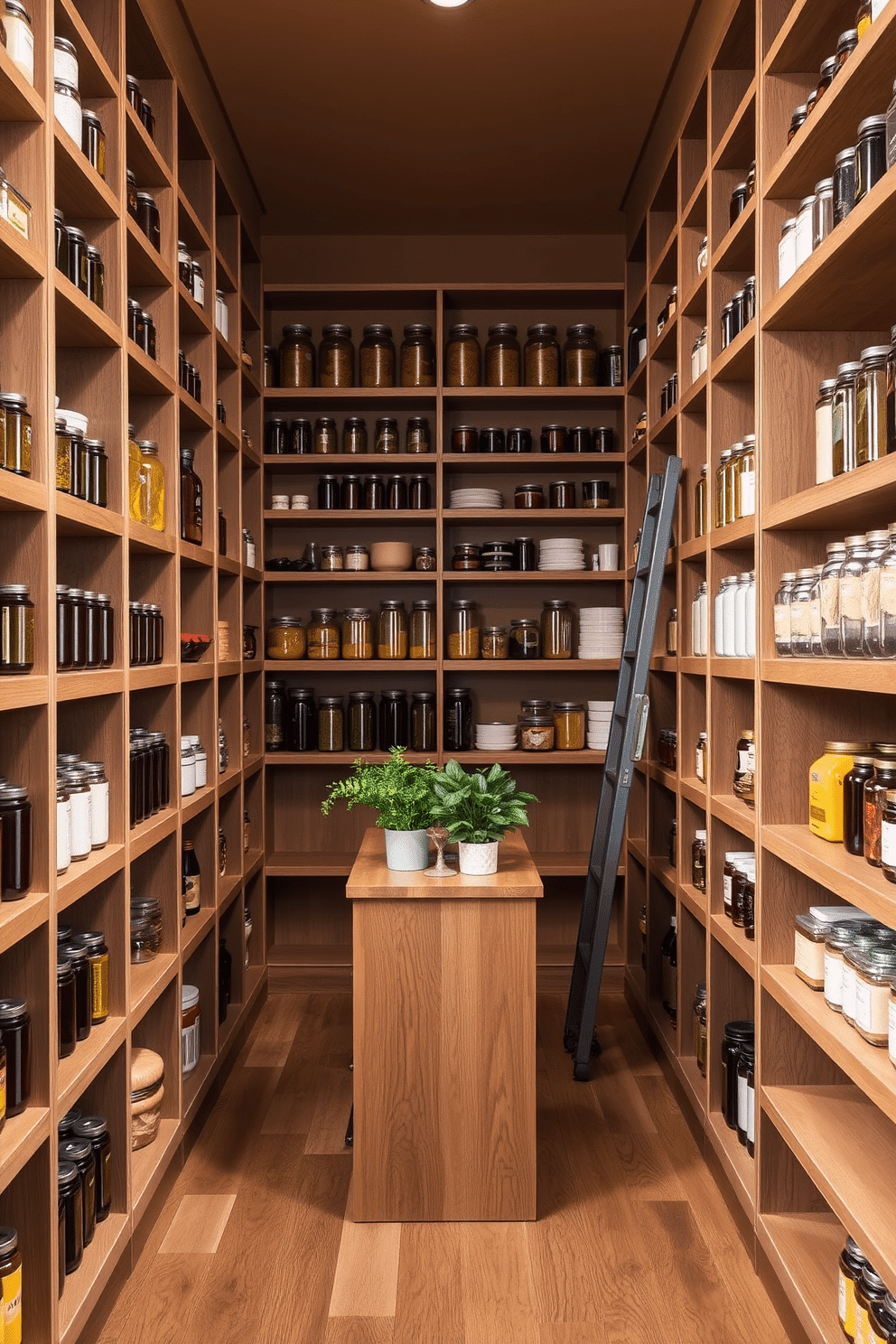 A spacious open pantry design features floor-to-ceiling shelves filled with neatly organized jars and containers. A stylish rolling ladder is positioned against the shelves, allowing easy access to items stored at the top. The pantry walls are painted in a warm, inviting color, complemented by soft lighting that highlights the textures of the wooden shelves. A small island in the center offers additional workspace and is adorned with fresh herbs in decorative pots.