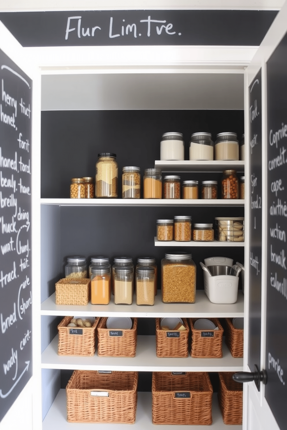 A modern open pantry design featuring chalkboard paint on the walls for labeling. The shelves are filled with neatly organized jars and baskets, creating a functional yet stylish storage space.