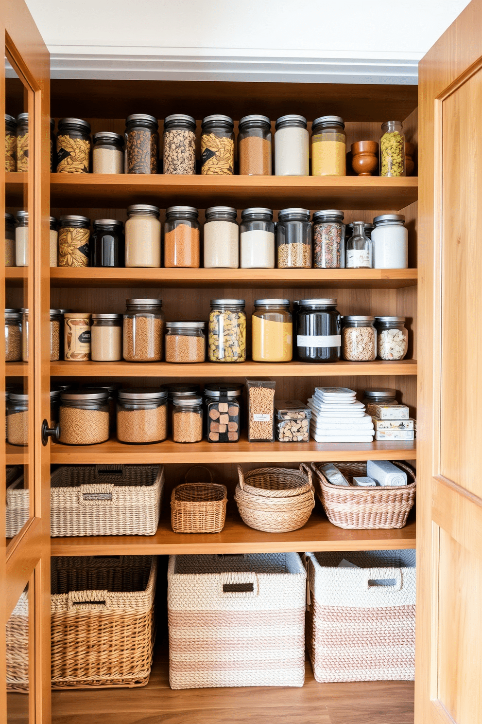 A stylish open pantry featuring natural wood shelves that showcase neatly arranged glass jars filled with colorful dry goods. Decorative baskets in various sizes are placed on the lower shelves, adding texture and organization while keeping essentials easily accessible.