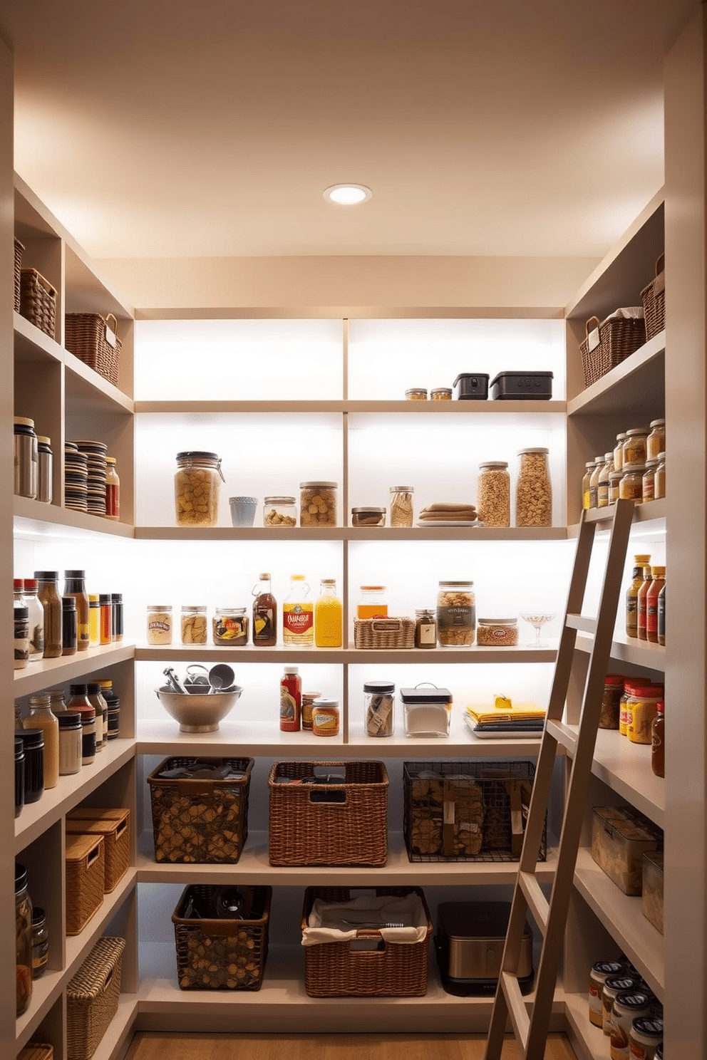 A modern open pantry with sleek shelving and under-shelf lighting creates a warm ambiance. The shelves are filled with neatly organized jars and baskets, showcasing a variety of colorful ingredients and kitchen tools. The walls are painted in a soft, neutral tone to enhance the light from the under-shelf fixtures. A small, stylish ladder leans against one side, providing easy access to the upper shelves while adding a touch of charm.