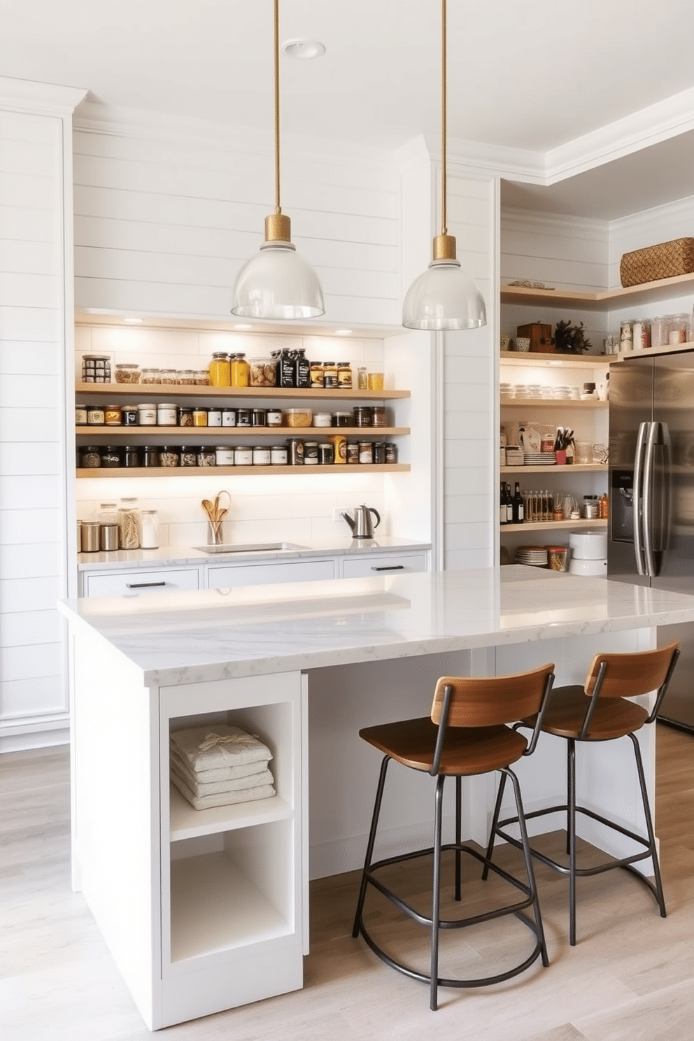 A spacious pantry island designed for optimal prep space features a large, polished quartz countertop that provides ample room for meal preparation. Below the countertop, open shelving displays neatly organized jars and ingredients, while a set of stylish bar stools invites casual seating. The pantry walls are adorned with white shiplap, enhancing the bright and airy feel of the space. Soft pendant lights hang above the island, illuminating the area and creating a warm, welcoming atmosphere.