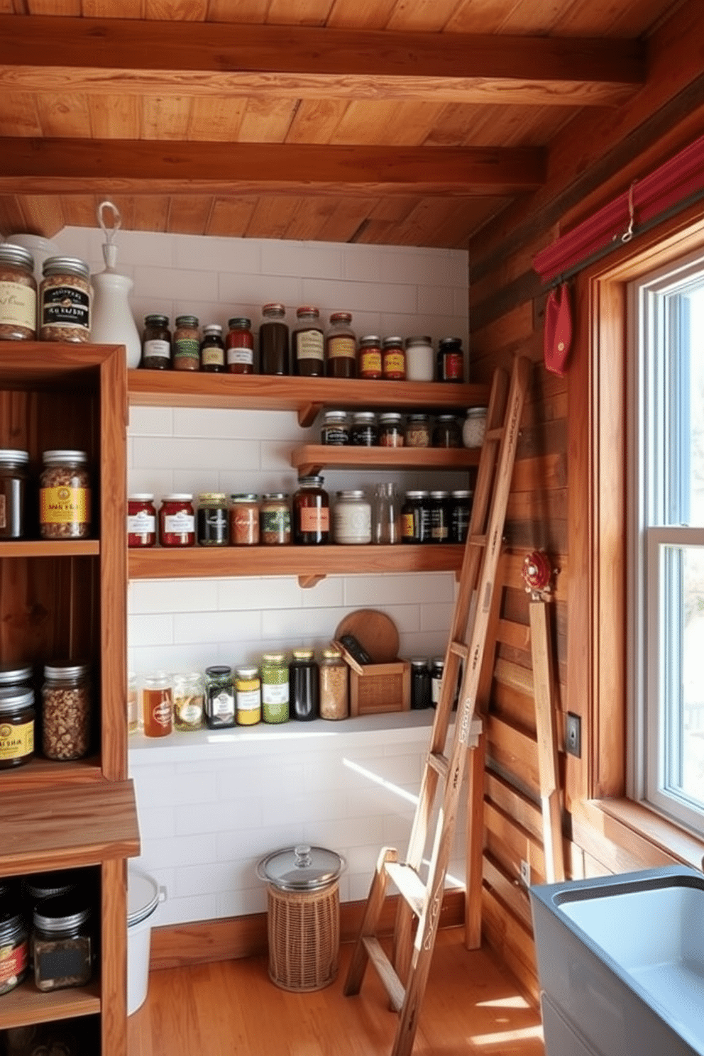 A cozy open pantry featuring reclaimed wood shelves that showcase an array of colorful jars and spices. The warm tones of the wood contrast beautifully with the white subway tile backsplash, creating a welcoming and functional space. Natural light floods the area through a large window, highlighting the rustic elements and inviting an organic feel. A vintage ladder leans against the shelves, providing easy access to the higher storage while adding character to the design.