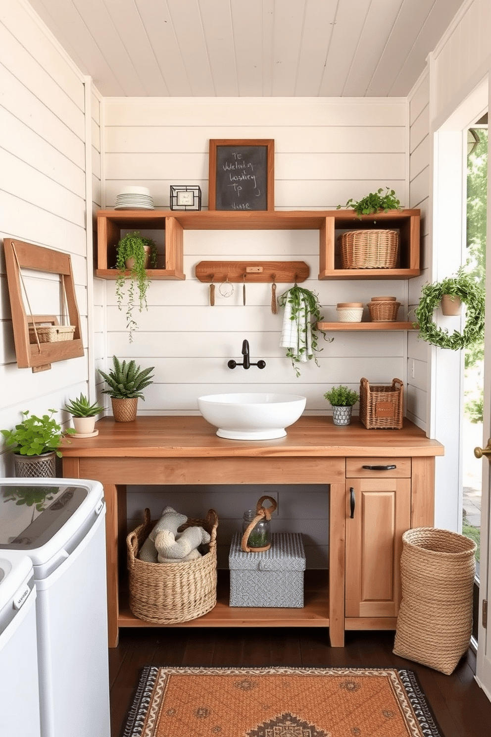 Cozy farmhouse style with wood accents. The outdoor laundry room features a rustic wooden countertop with a vintage wash basin, surrounded by open shelving made from reclaimed wood. Soft, neutral colors dominate the space, complemented by a shiplap wall and a classic farmhouse sink. Potted plants and woven baskets add warmth and a touch of nature, while a cozy rug underfoot enhances the inviting atmosphere.