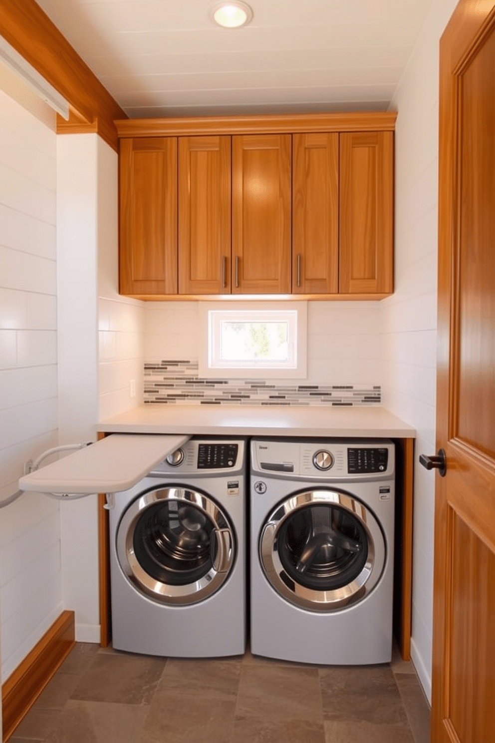 A functional outdoor laundry room features a built-in ironing board that folds seamlessly into the cabinetry, maximizing space efficiency. The room is adorned with light-colored walls and natural wood accents, creating a bright and inviting atmosphere. The laundry area includes a spacious countertop for folding clothes, with a stylish backsplash that adds a pop of color. Ample storage is provided by cabinets above the washer and dryer, while a small window allows natural light to filter in, enhancing the overall design.