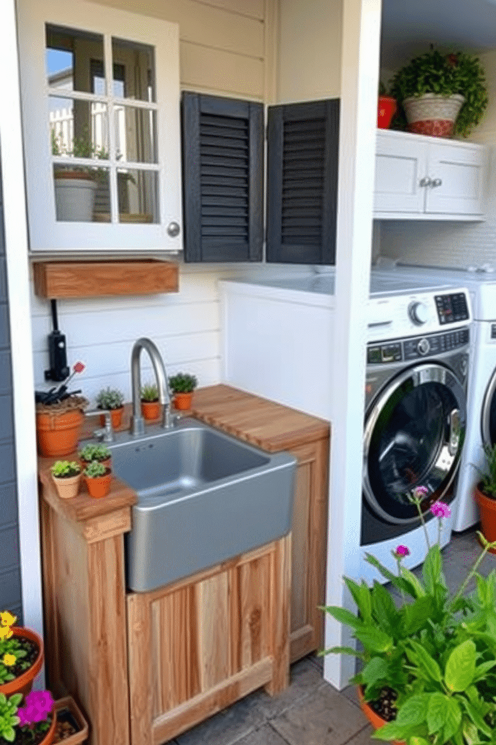 A charming outdoor sink area designed for quick rinsing tasks. The sink is built into a rustic wooden countertop surrounded by potted herbs and flowers, creating a vibrant and functional space. An inviting outdoor laundry room with a sleek design. The room features a stylish washing machine and dryer, complemented by ample storage cabinets and a folding station, all set against a backdrop of colorful outdoor decor.