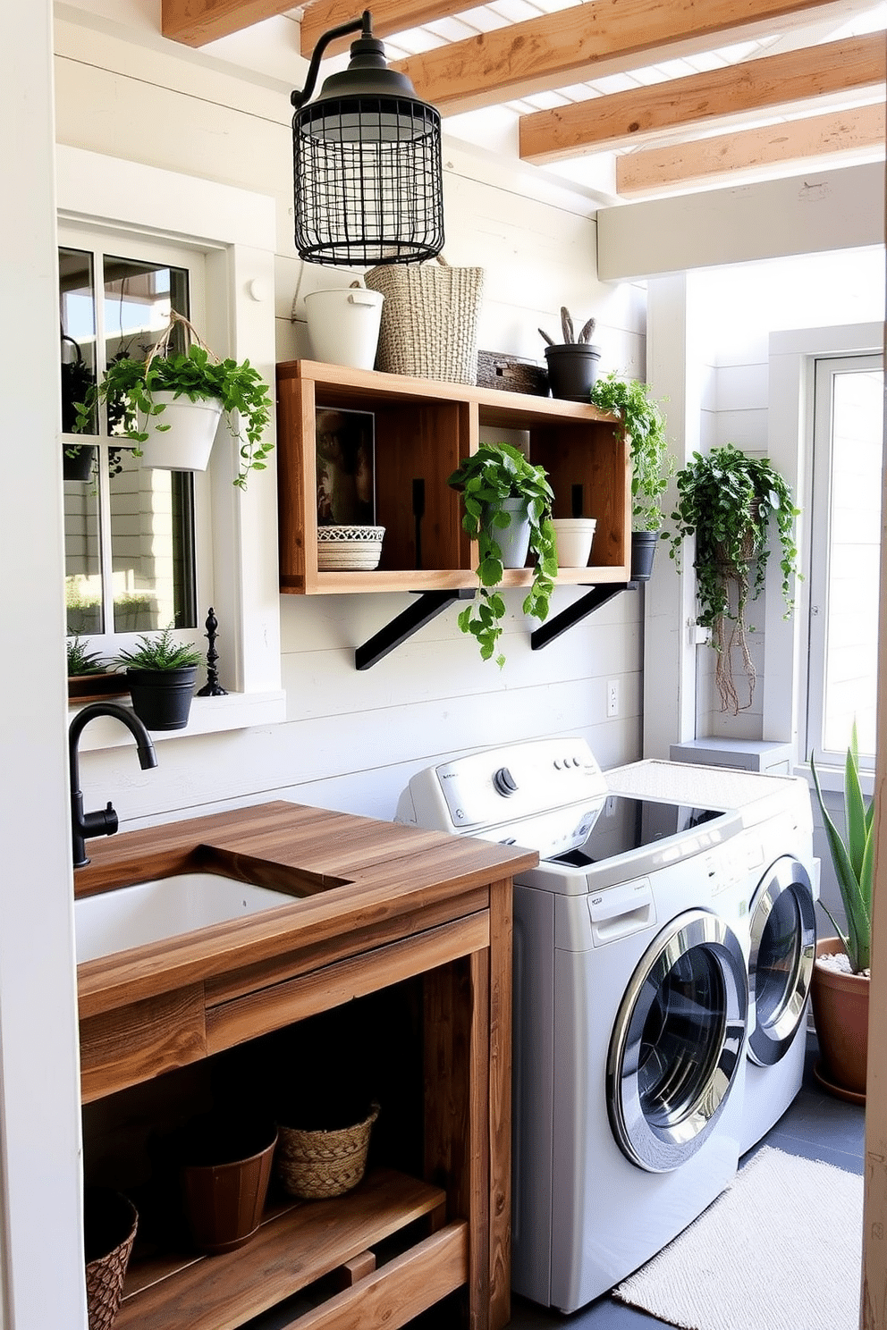 A charming outdoor laundry room features creative use of reclaimed wood materials, with a rustic wooden countertop and open shelving made from salvaged planks. The space is brightened by natural light filtering through a large window, and potted plants add a touch of greenery, enhancing the inviting atmosphere.