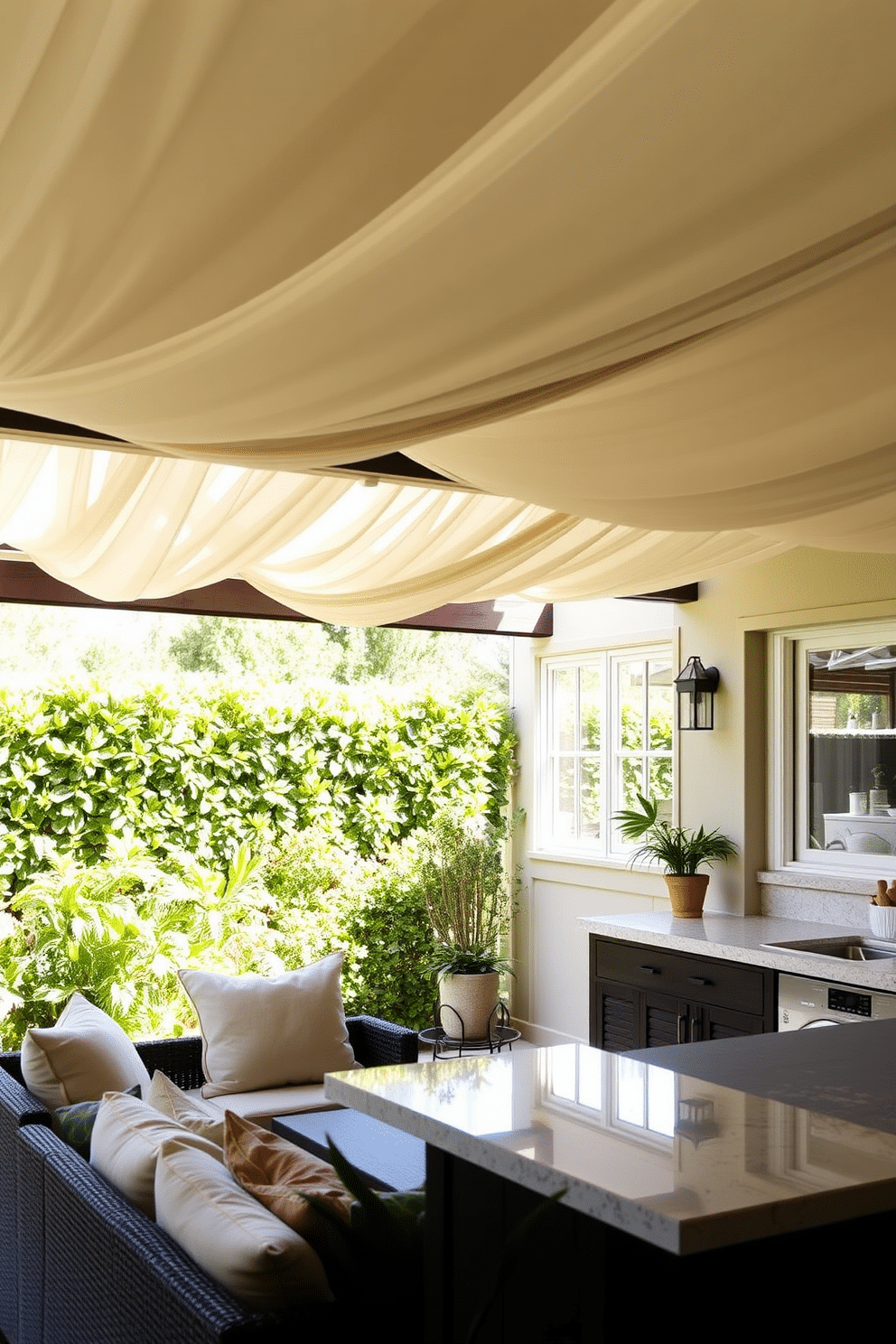 A shaded outdoor area featuring a stylish pergola draped with soft, flowing fabric creates a serene retreat. Below, a comfortable seating arrangement with plush cushions invites relaxation, surrounded by lush greenery. The outdoor laundry room is designed with practicality in mind, featuring a spacious countertop for folding clothes and ample storage for supplies. Bright, airy windows allow natural light to flood the space, enhancing its functionality and charm.