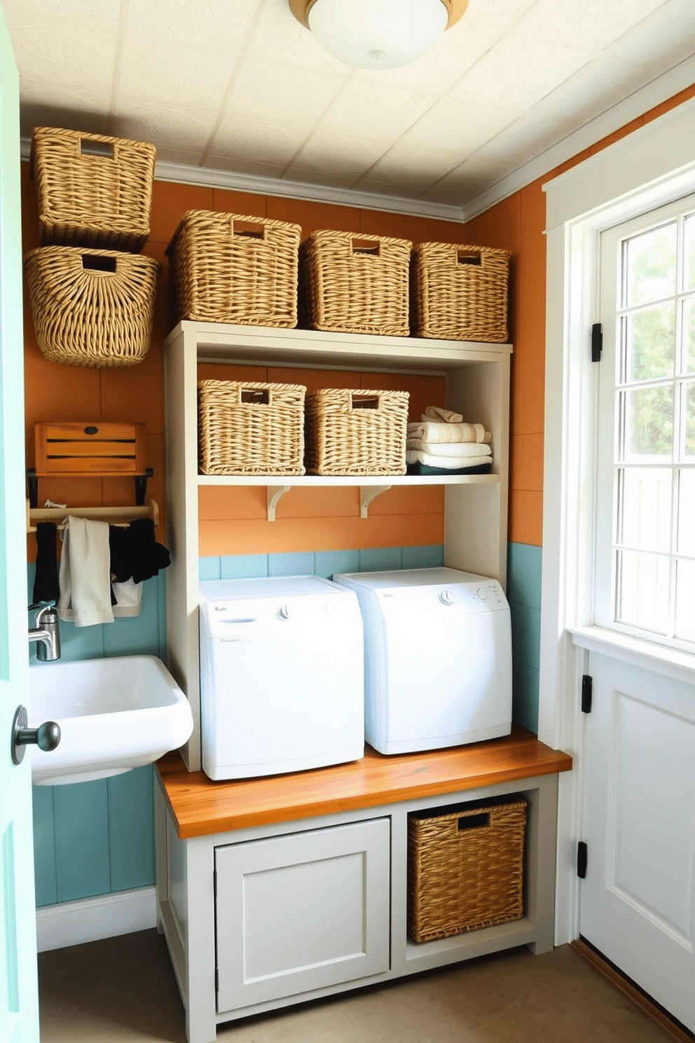 A functional folding station is designed with a sturdy wooden countertop and ample storage space underneath. Stylish woven baskets are neatly arranged on shelves, providing an organized and aesthetically pleasing way to store laundry essentials. The outdoor laundry room features a spacious layout with a durable, weather-resistant design. Bright, cheerful colors adorn the walls, and a large window allows natural light to flood the space, creating an inviting atmosphere for laundry tasks.