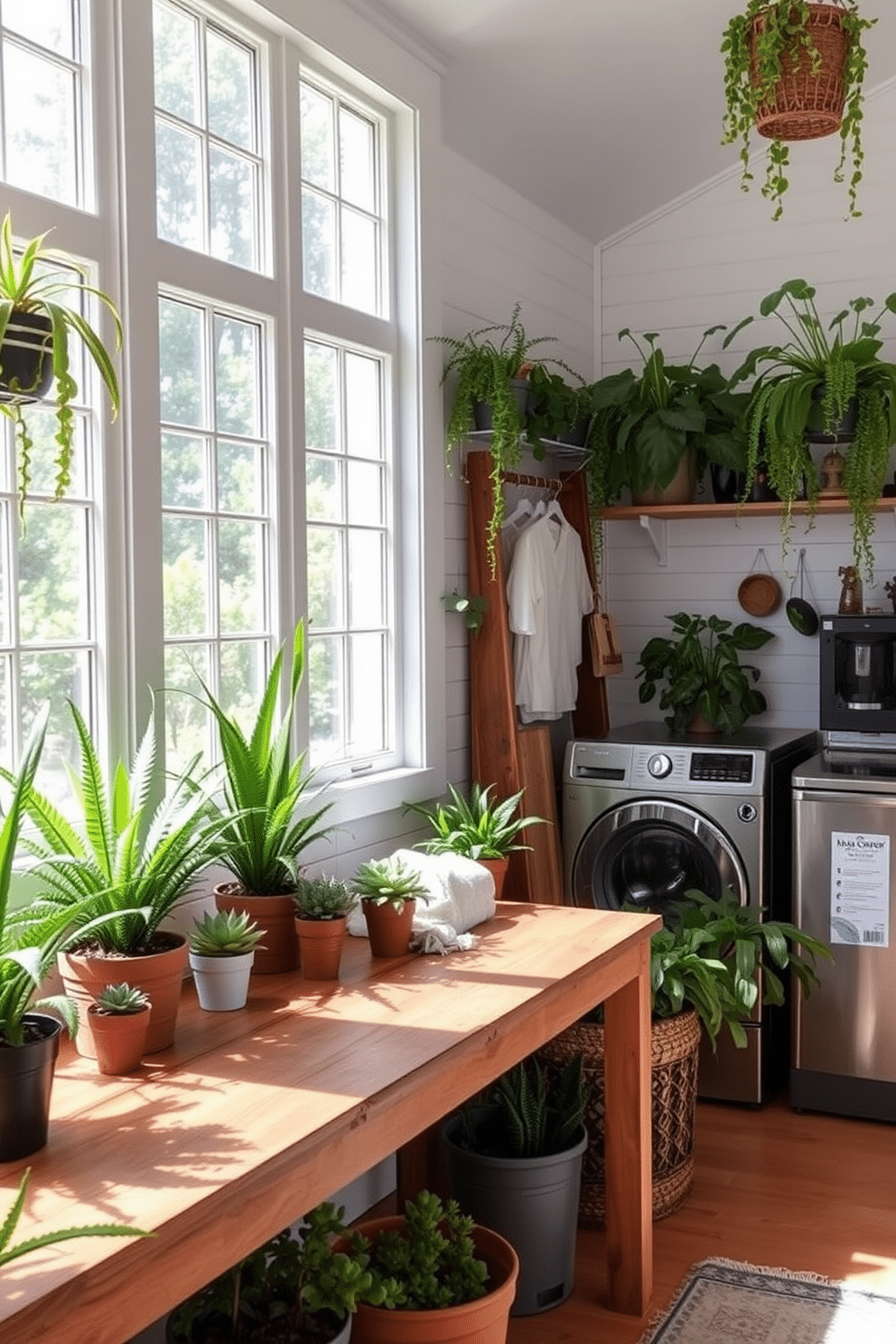 A vibrant outdoor laundry room filled with decorative plants to create a fresh atmosphere. The space features a rustic wooden countertop for folding clothes, surrounded by potted ferns and succulents that add a touch of greenery. The laundry area is equipped with modern appliances, seamlessly integrated into a charming, airy design. Large windows allow natural light to flood the room, enhancing the lively ambiance created by the surrounding plants.