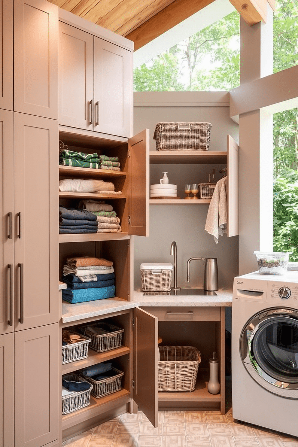 Custom cabinetry for organized storage. The cabinetry features a sleek design with a mix of open shelves and closed compartments, allowing for easy access and a clutter-free appearance. Outdoor laundry room design ideas. The space includes weather-resistant cabinetry, a functional countertop for folding clothes, and ample storage for laundry supplies, all set against a backdrop of lush greenery and natural light.