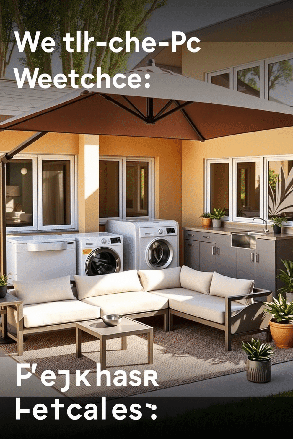 A collection of weather-resistant furniture for outdoor use, featuring a contemporary sectional sofa with plush cushions in a neutral tone. Surrounding the sofa are sleek, aluminum side tables and a large, stylish umbrella providing shade, with potted plants adding a touch of greenery. An outdoor laundry room design that combines functionality with aesthetic appeal. The space includes a modern washer and dryer set, a deep utility sink, and ample storage cabinets, all set against a backdrop of bright, cheerful colors and natural light streaming through large windows.