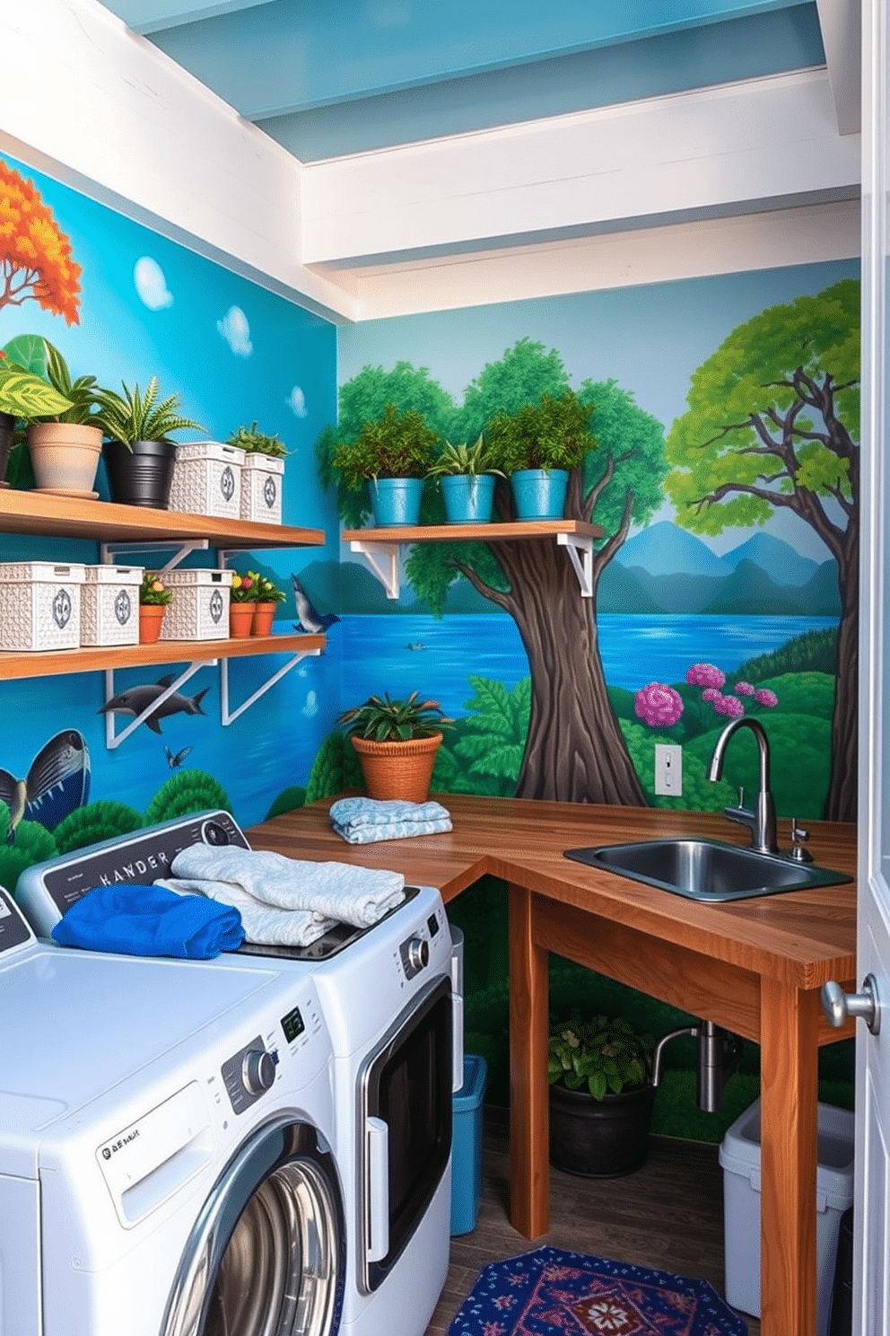 A vibrant outdoor laundry room features artistic wall murals depicting scenes of nature, creating a serene atmosphere. The space includes a rustic wooden countertop for folding clothes, complemented by open shelving adorned with potted plants and decorative storage bins. The laundry area is framed by bright, colorful murals that add personality and charm to the functional space. Practical elements like a deep sink and modern appliances are seamlessly integrated, ensuring both style and efficiency in this inviting outdoor laundry room.